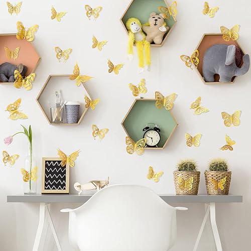 Miniatura 7 de 60 calcomanías de pared con diseño vintage de mariposas huecas 3D doradas, calcomanías de pared de mariposas doradas, para bricolaje, extraíble, 5