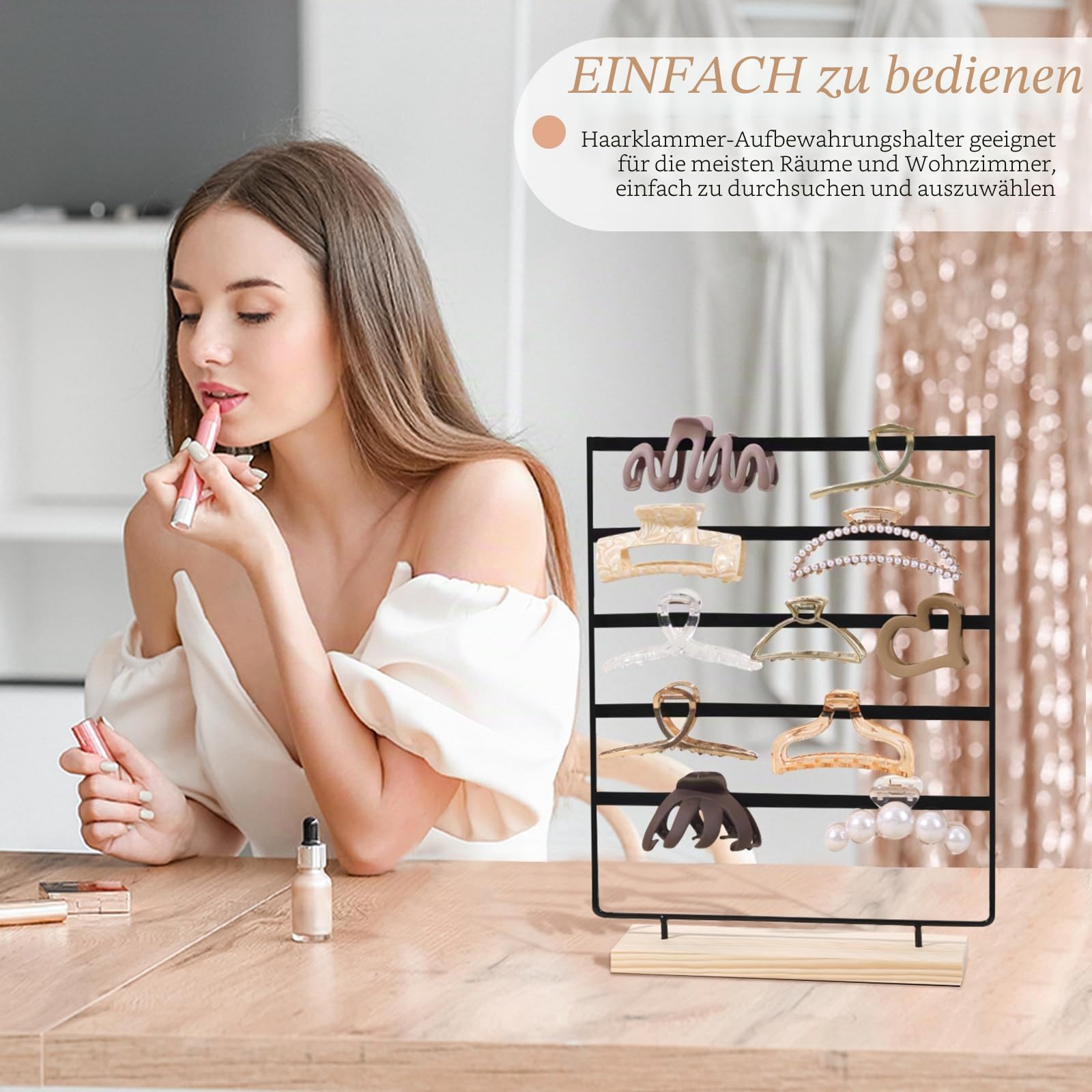 SNOWSTAR Haarklammer-Organizer, 5-stöckig, Eisenstange, Haarspangenhalter, Aufbewahrung für Frauen und Mädchen, Holzsockel, Schreibtisch-Organizer