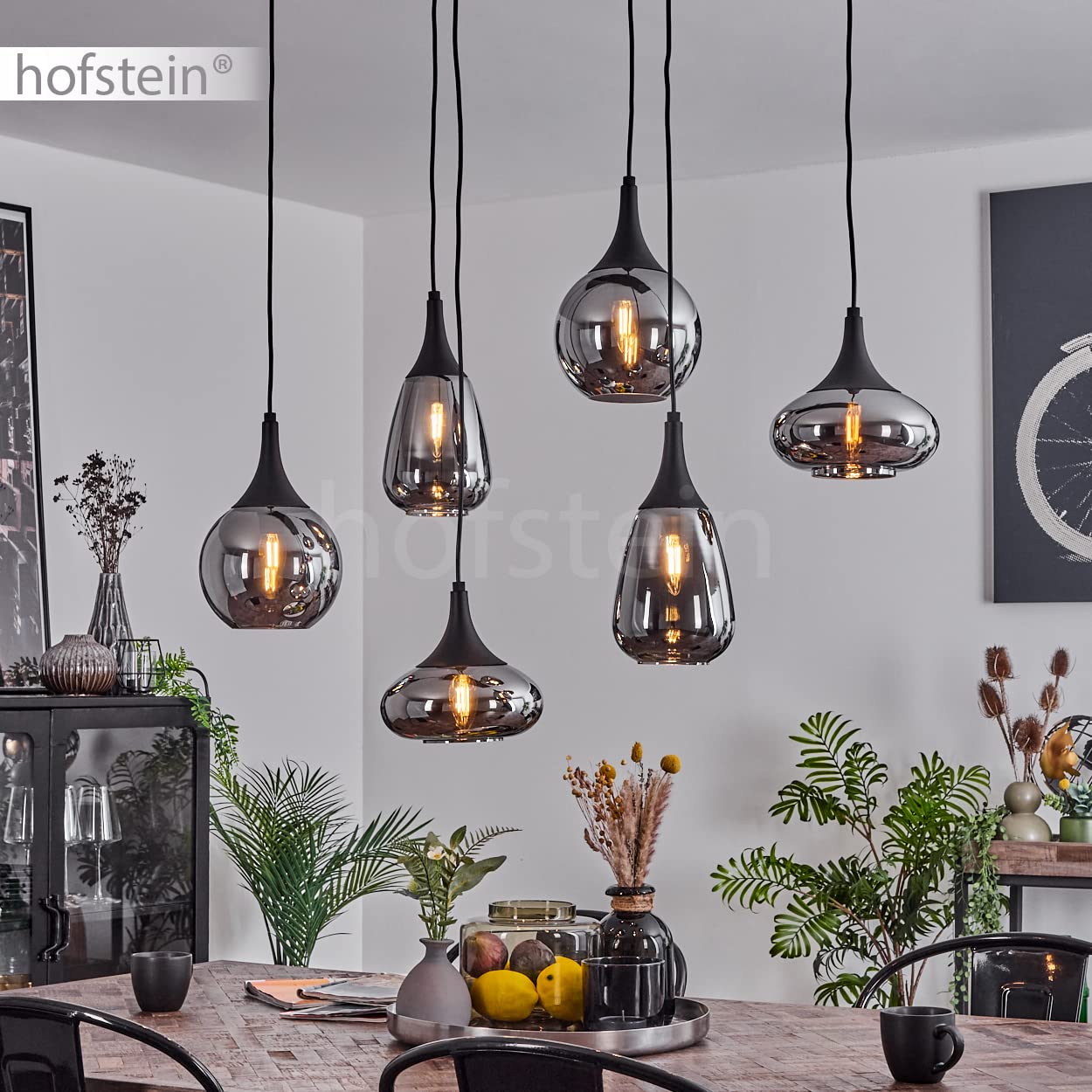 Lampada a sospensione Maynal, lampada in metallo/vetro in colore nero/cromo, lampada dal design moderno con paralumi in vetro, 6 luci, altezza massima 150 cm, 6 x E14, senza lampadina/e