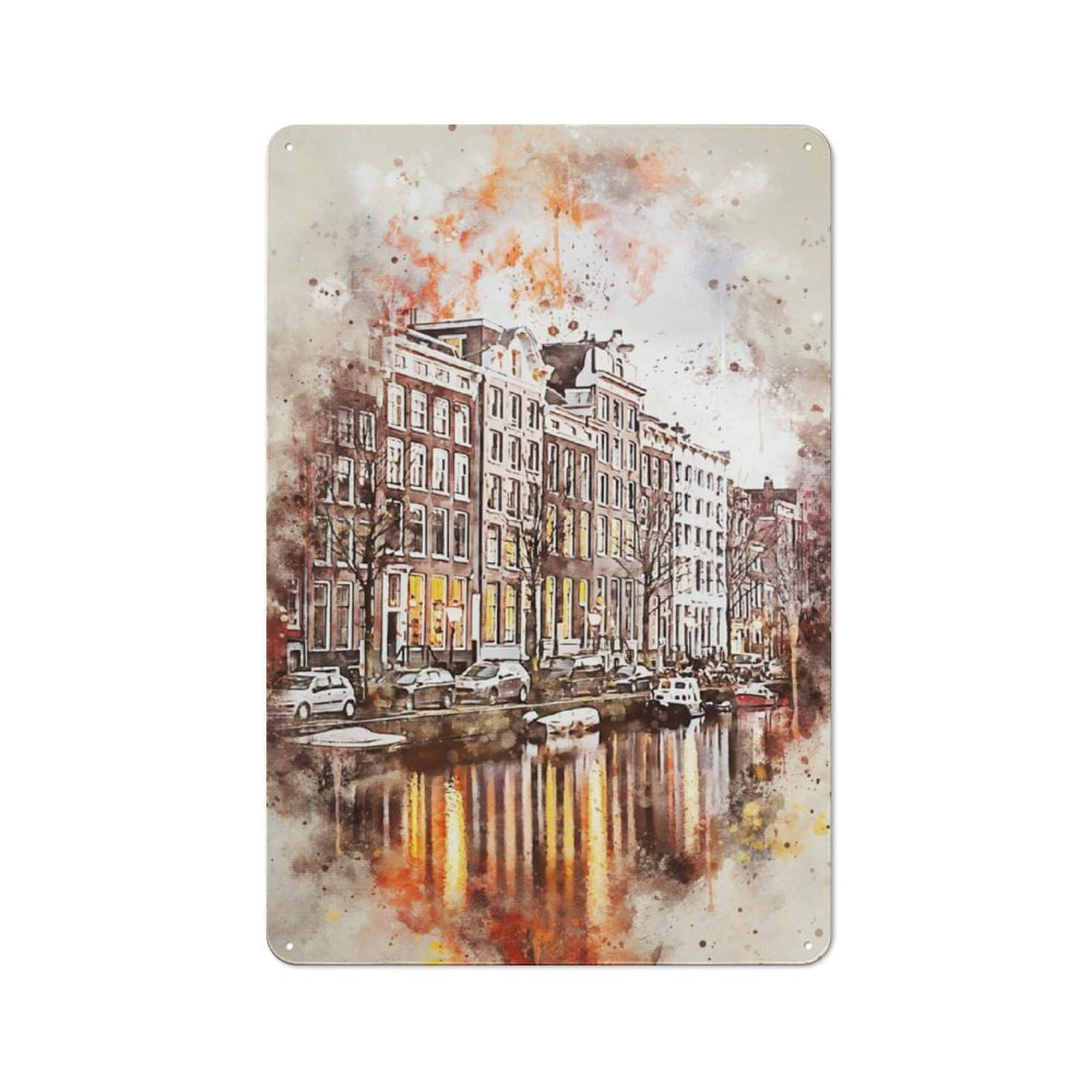 Junmoney Amsterdam In Watercolor Retro Metal Wall Sign 30X20cm With For Home Bar Wall, A Housewarming Gift For Hosts Who Enjoy Retro Interiors