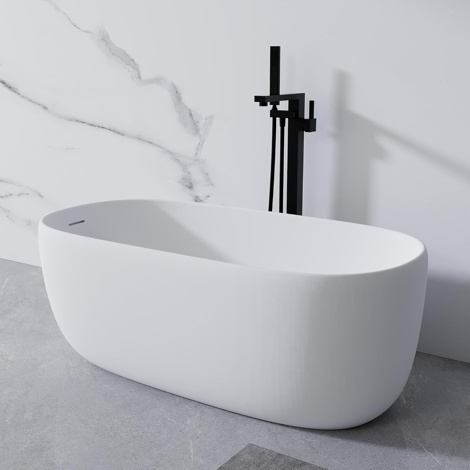 51'' Freestanding Bathtub, Resin Stone Soaking Bathtub Solid Surface Modern Stand Alone Tub with Overflow and Pop-up Drain, Japanese soaking tub Matte White (Oval)