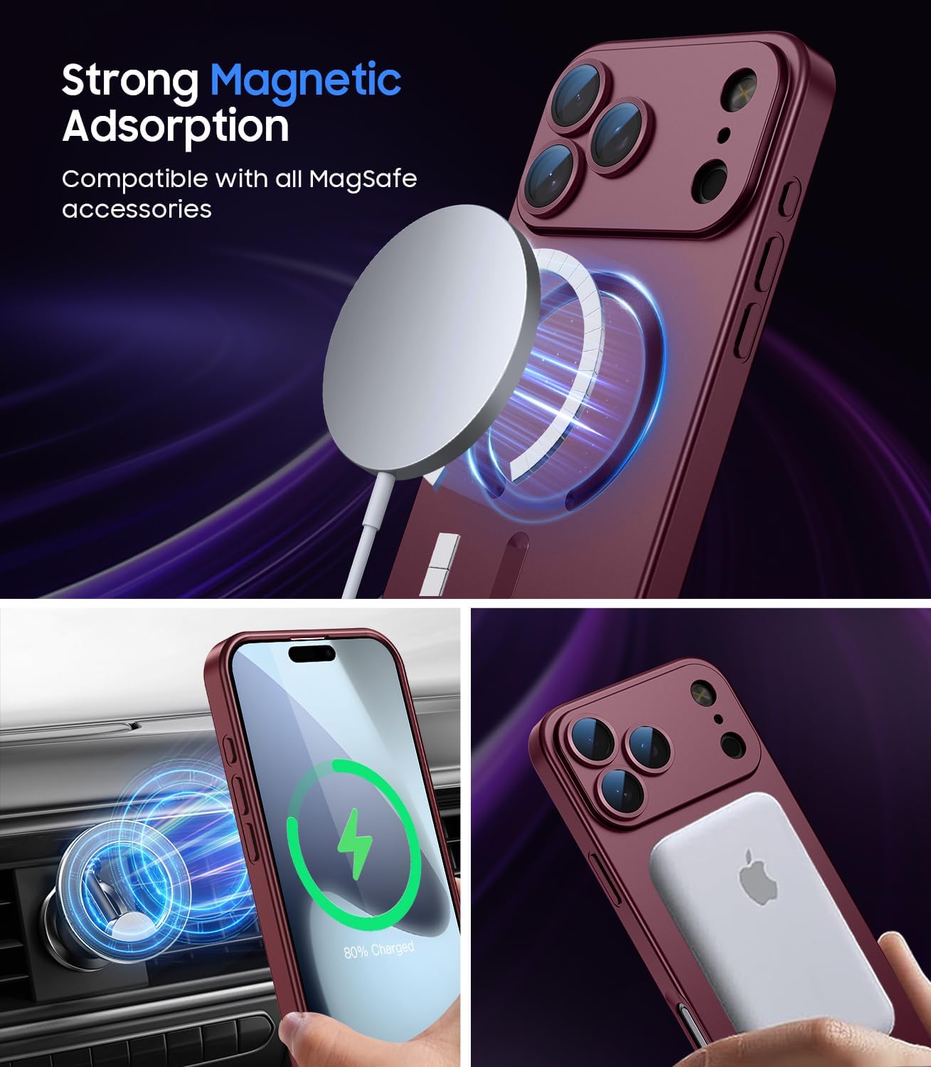 Magnetic for iPhone 17 Pro Case [Compatible with MagSafe][Built-in Camera Lens Protector] Slim Thin Soft Silicone Bumper Shockproof Metallic Luster Phone Case (Burgundy) - Image 3