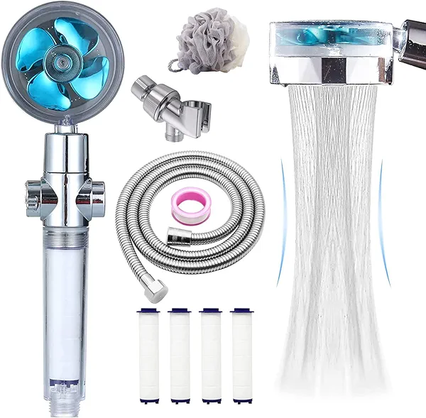 CWPW High Pressure Shower Heads, Handheld Turbo Fan Shower, Hydro Jet Shower Head with 79 Inch Hose,Bracket,Cotton Filters and Bath Loofah, One Key Pause Switch 360 Degrees Rotating (Blue with hose)
