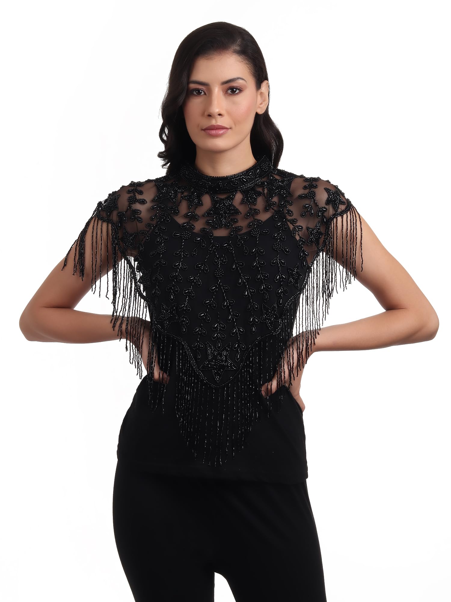 Women's Net Cape with Star Embroidery, Round Neck Poncho, Black and Gold, Free Size