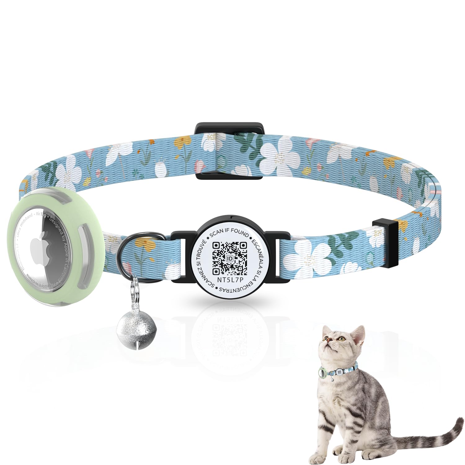 AmxminaID Airtag Cat Collar, Breakaway Safety Collar with Bells, QR Code Tag, Luminous Holder, Adjustable,Lightweight (Blue)