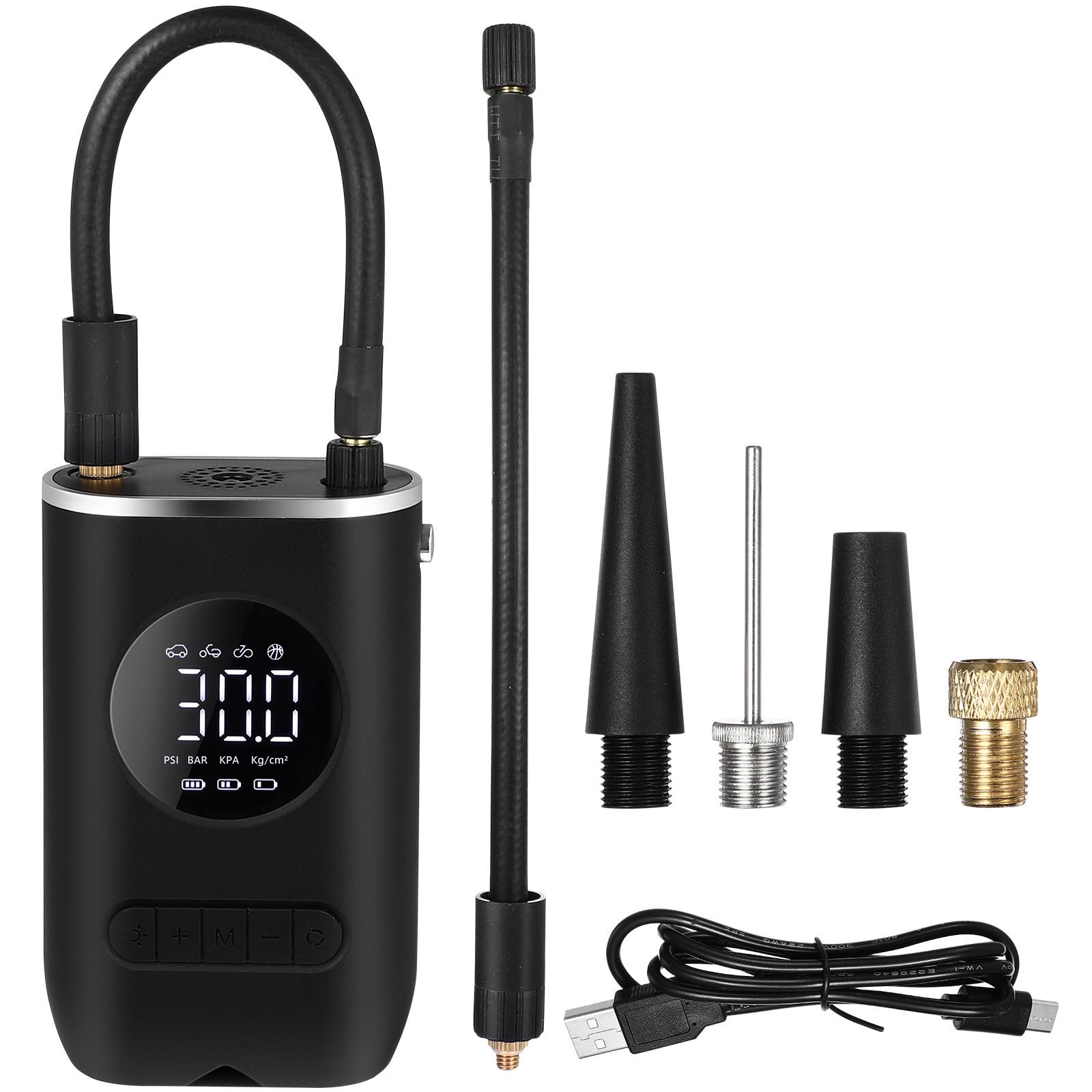 ORFOFE Inflador de Neumáticos Portátil para Automóvil y Motocicleta 70w | 4000mah, 7.4v, Negro, Abs Componentes Electrónicos, Led, Boquillas Incluidas y Cable de Alimentación