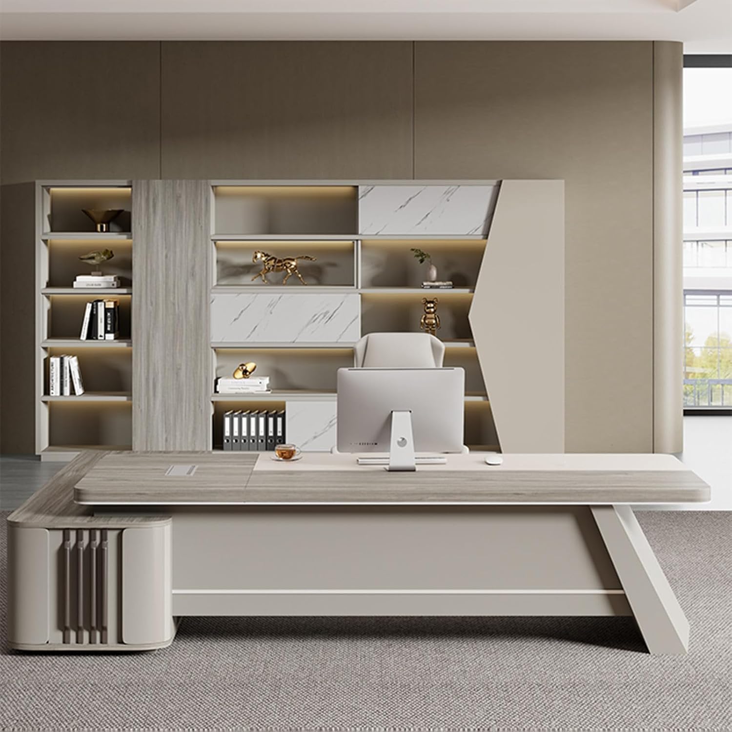 Grey L Shaped Computer Desk Executive Office Desk with File Drawers Study Writing Table Business Furniture Set for Home Office