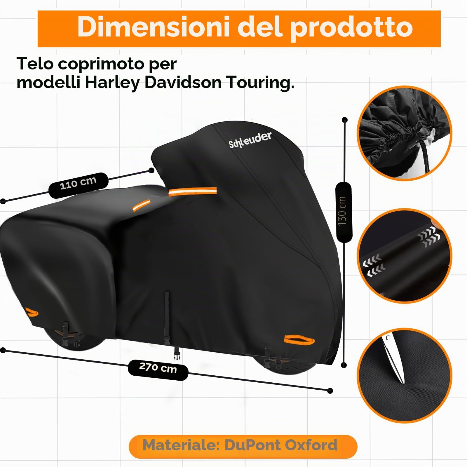 Telo per Harley Davidson-Telo per Harley Tutte Stagioni con Cinghie Antivento Strisce Riflettenti,Telo Moto per Harley Davidson da Esterno, Telo Copri Moto per Harley Touring, Goldwing, 270X110X130CM