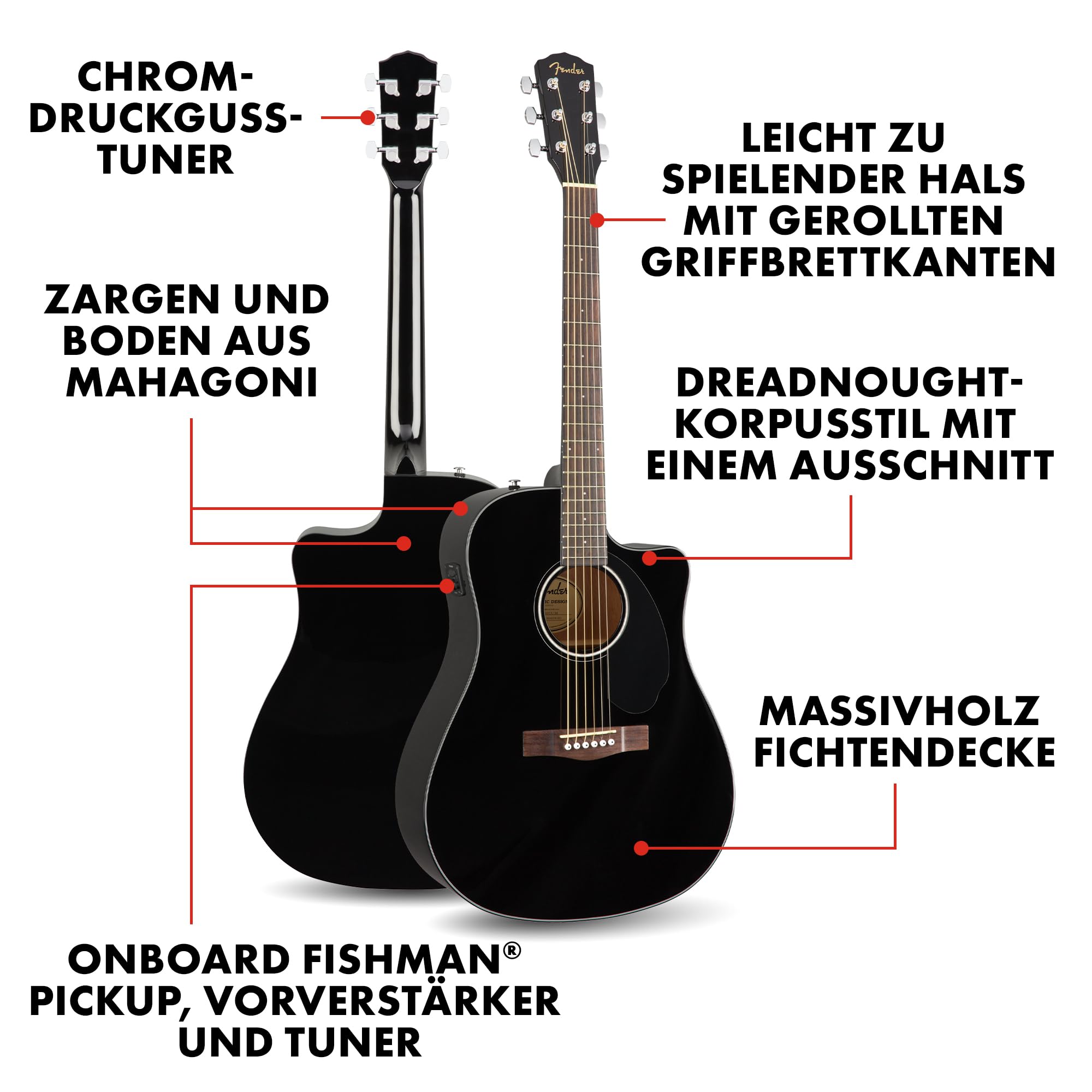 Fender CD-60SCE Dreadnought Elektroakustikgitarre, Hochwertige Westerngitarre mit Cutaway, Ideal für Bühne und Studio, Inklusive virtueller Kurse auf Fender Play, Schwarz