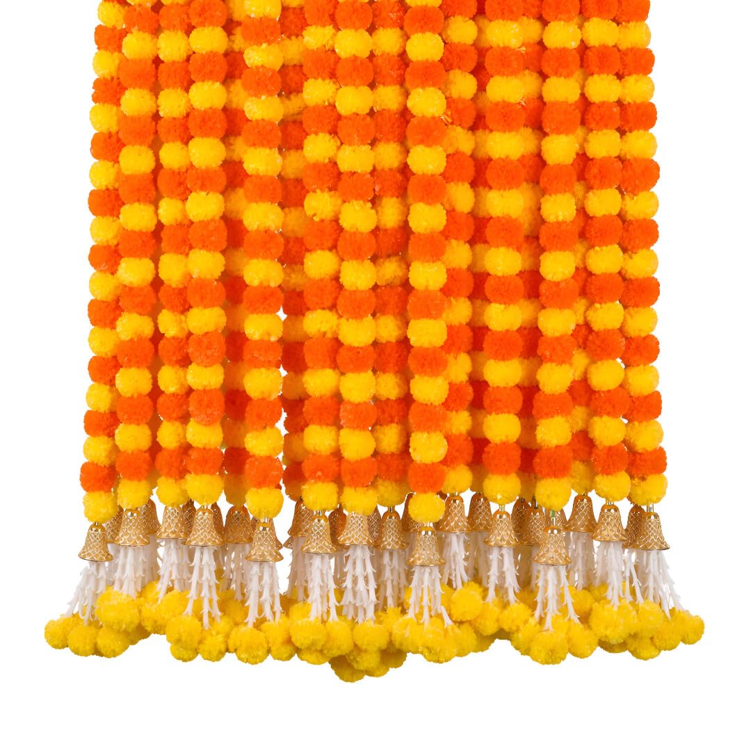 ZIG ZAG Artificial Marigold Flower Garland with Golden Bells (5pcs Pack) Marigold Mala Ideal for Diwali, Pooja, Birthday, Christmas Decorations,Wedding 5 Strings - 5 Ft Long (Yellow and Orange)