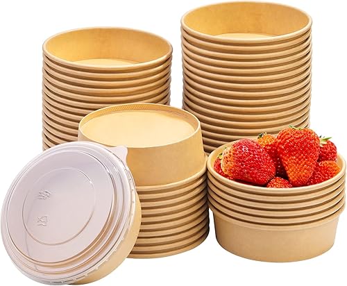 50 cuencos de ensalada desechables de 17 onzas con tapas, cuencos de papel desechables de 16.9 fl oz con tapas transparentes, recipientes de