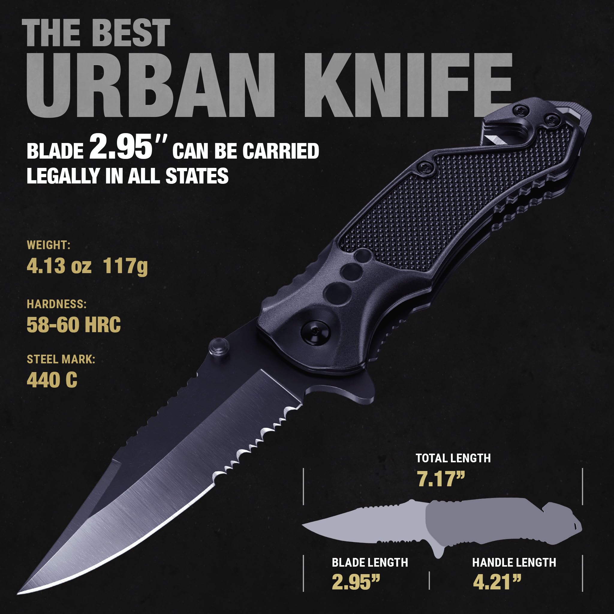 GOOD WORKER Legal Pocket Knife with 2.95” Serrated Blade, Glass Breaker, Seat Belt Cutter - EDC Sharp Folding Knives with Portable Clip - Small Tool for Tactical Camping Survival Hiking - Gifts for Men, Women