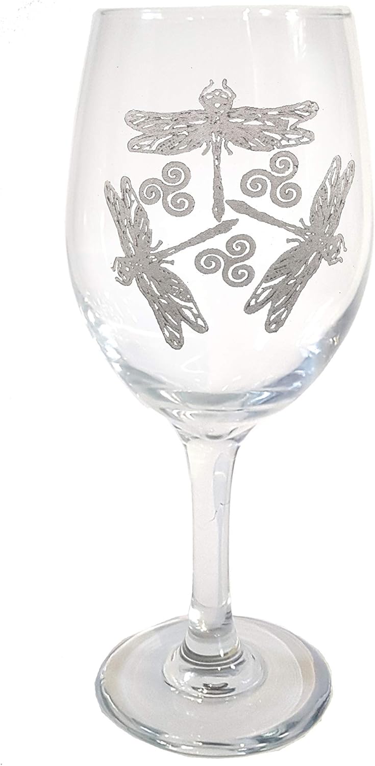 Celtic Dragonfly Clear Wine Glass - Engraved Personalization Included, Triskelion Design