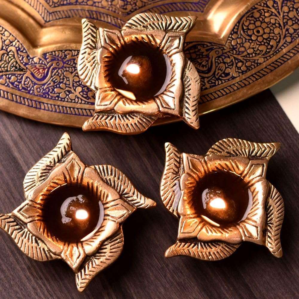 Indian Shelf Handmade Golden Pack of 3 Swastika Flower Engraved Diya Oil Lamp for Diwali Gift Decoration