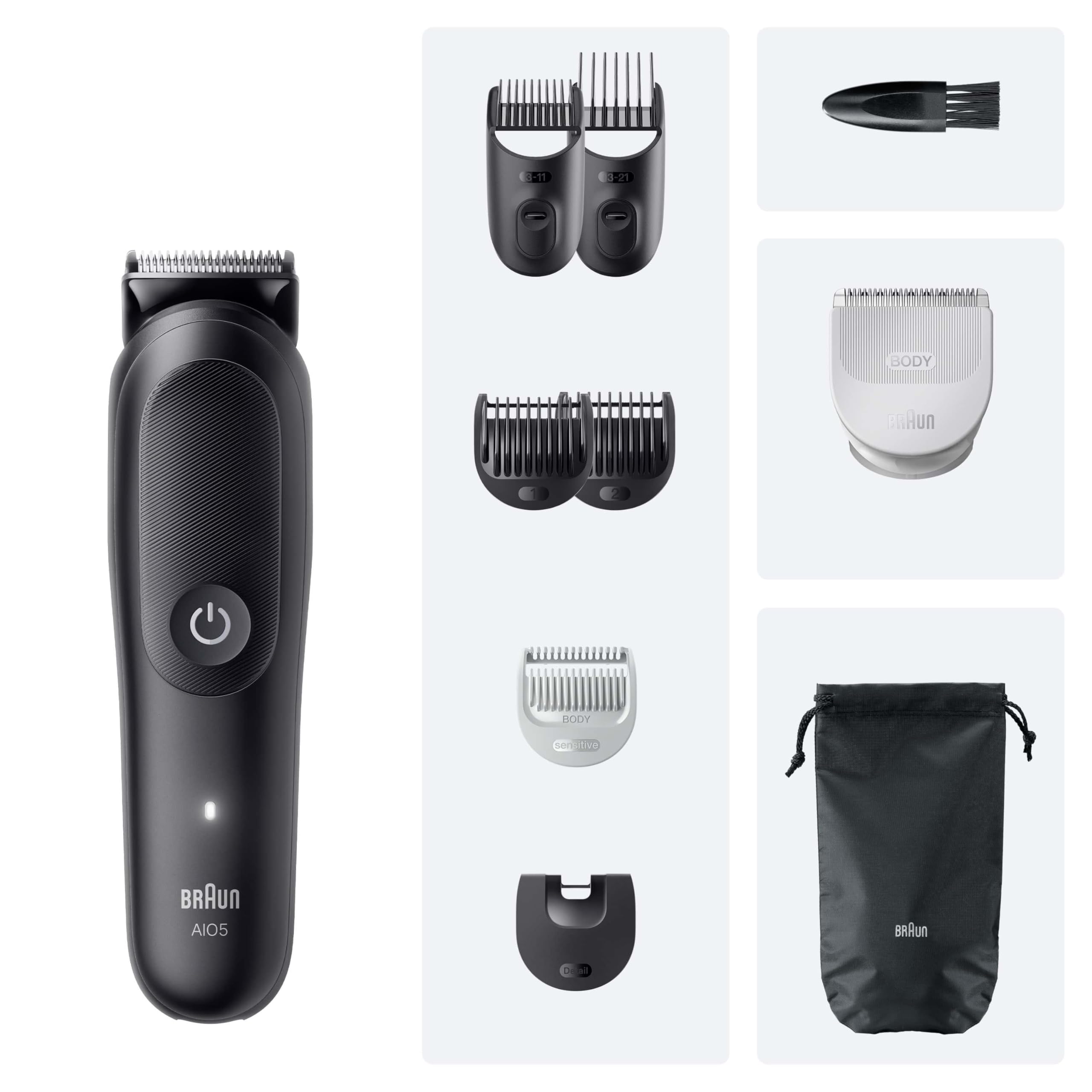 Braun Series 5 Multifunktions Körperpflege Set, 9 in 1, extrem scharfe Klinge, 120 min, präzise und effektive Zuschnitte, AquaGrip-Halterung für Unterwasser, AIO5540, schwarz