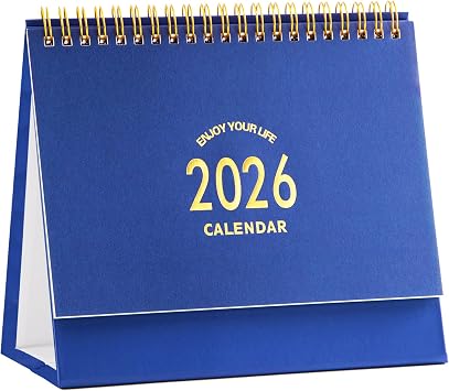 Small Desk Calendar 2026, Standing Flip Desktop Calendar from Now to December 2026 - Metal Ring Twin-Wire Binding Monthly Desktop Calendar for Home Office School Blue