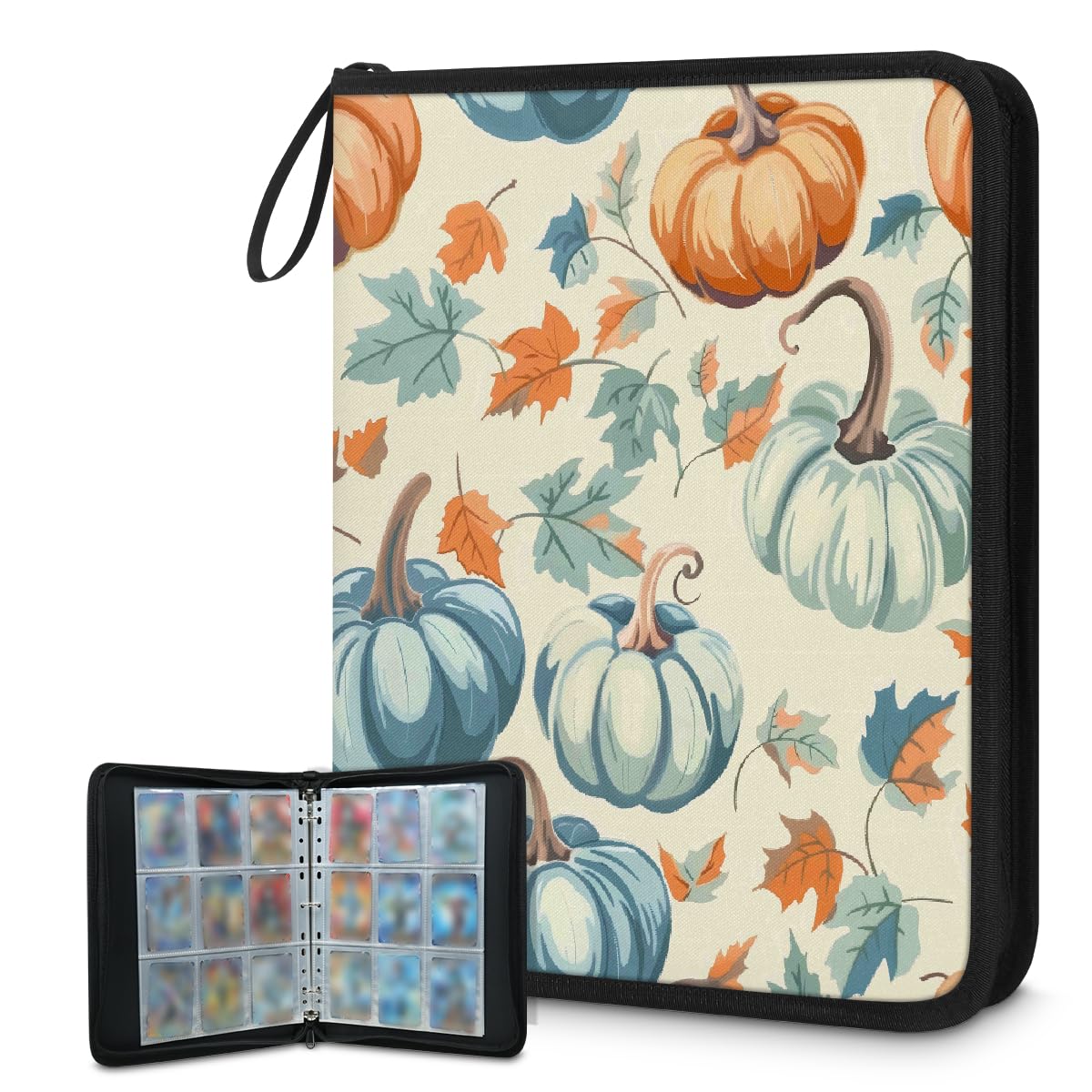 Carpeta de tarjetas coleccionables de 9 bolsillos, hojas de otoño, carpeta para tarjetas, carpeta de acuarela, álbum de tarjetas de calabaza con fundas extraíbles, libro de tarjetas impermeable con