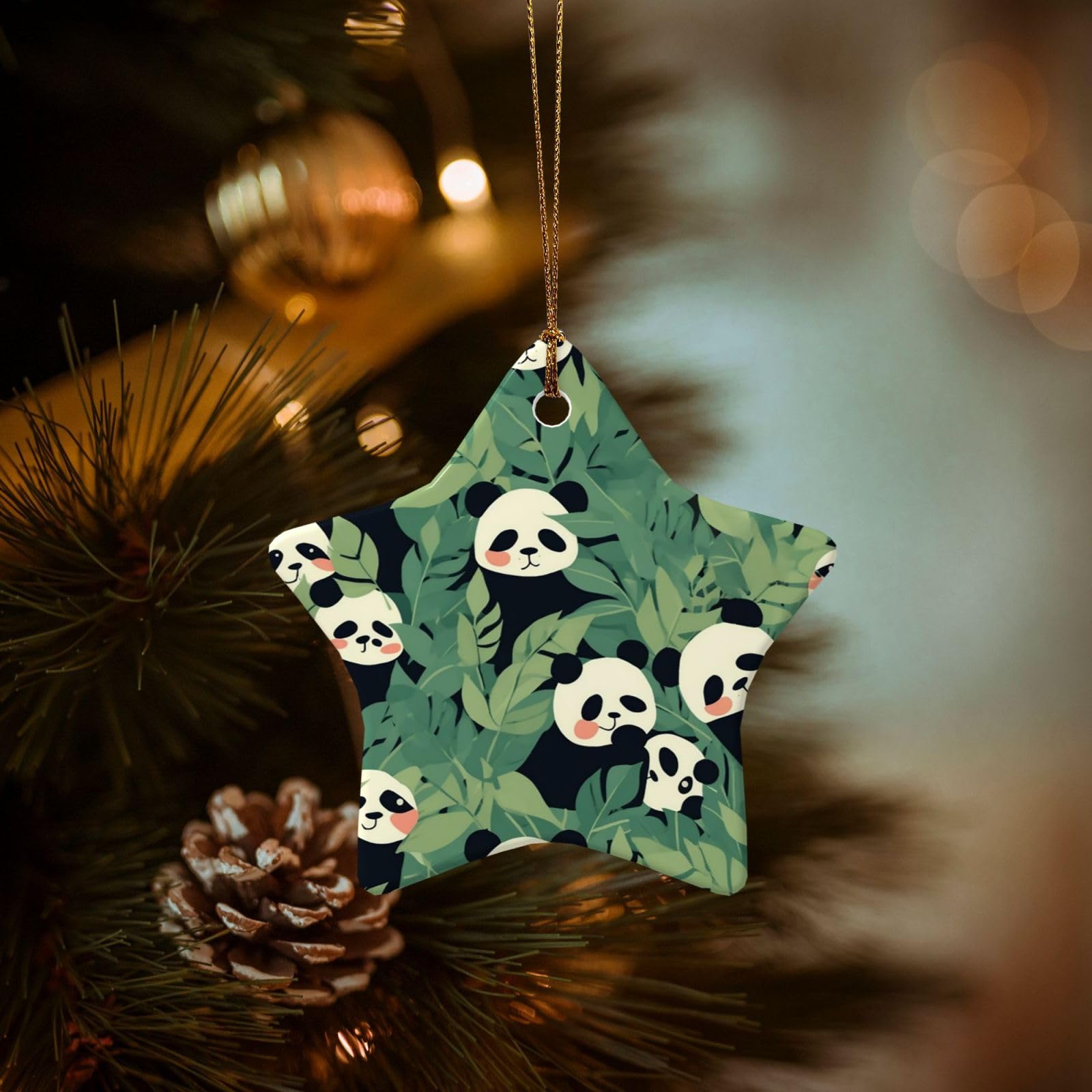 Christmas Tree Ornaments Ceramics Christmas Decorations Leaves Panda Ornaments with Gold Ribbon Porcelain Xmas Tree Crafts Star Shape Hanging Pendant for Christmas Tree Party Decor