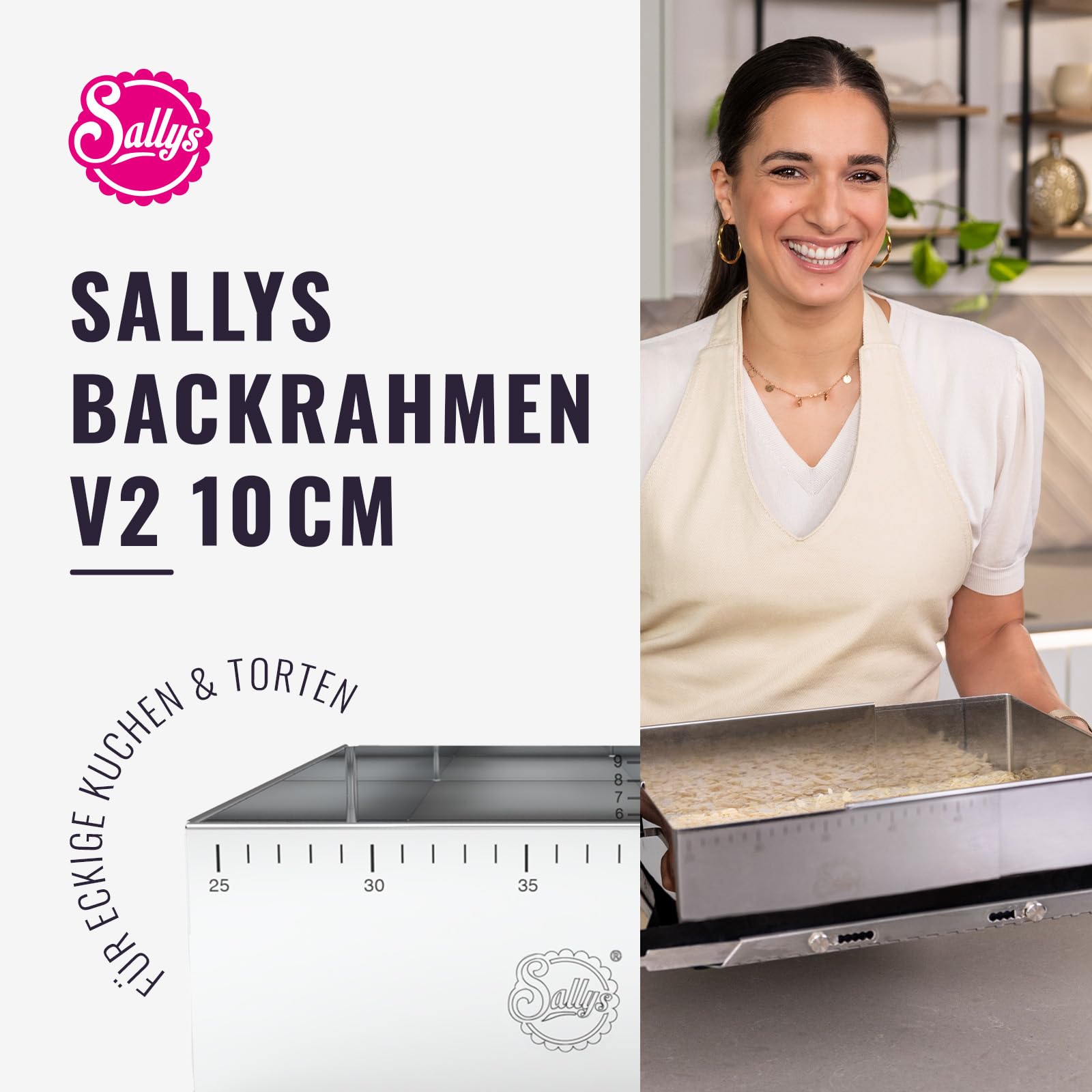 Sallys Backrahmen - Verstellbare Größe von 24x19cm bis 32x46cm - 10cm hoch - Eckige Backform aus Rostfreiem Federbandstahl - mit Skalierung - Spülmaschinenfest