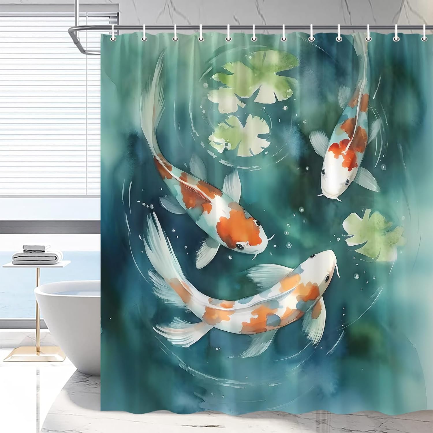 Koi Fish Shower Curtain Asian Japanese Art Bathroom Curtains Colorful Carp Lotus Leaf Pond Oriental Traditional Watercolor Ink Painting Bathtub Decor Include Hooks 108 x 70 in