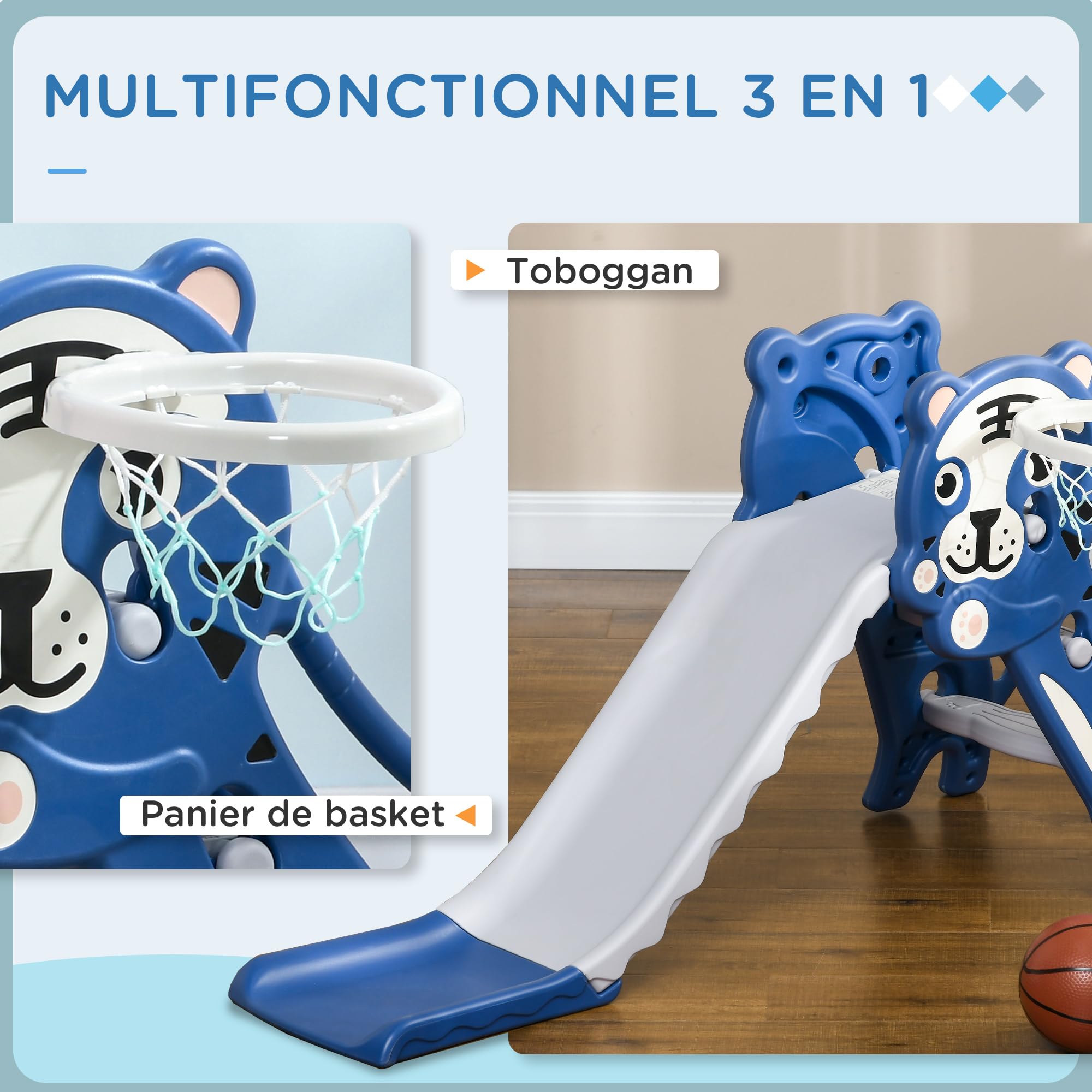 AIYAPLAY Toboggan pour Enfants, Toboggan intérieur pour Enfants, avec Un Panier de Basket, thème Tigre, de 18 à 36 Mois, jusqu'à 25 kg, 133L x 60l x 70H cm, Bleu