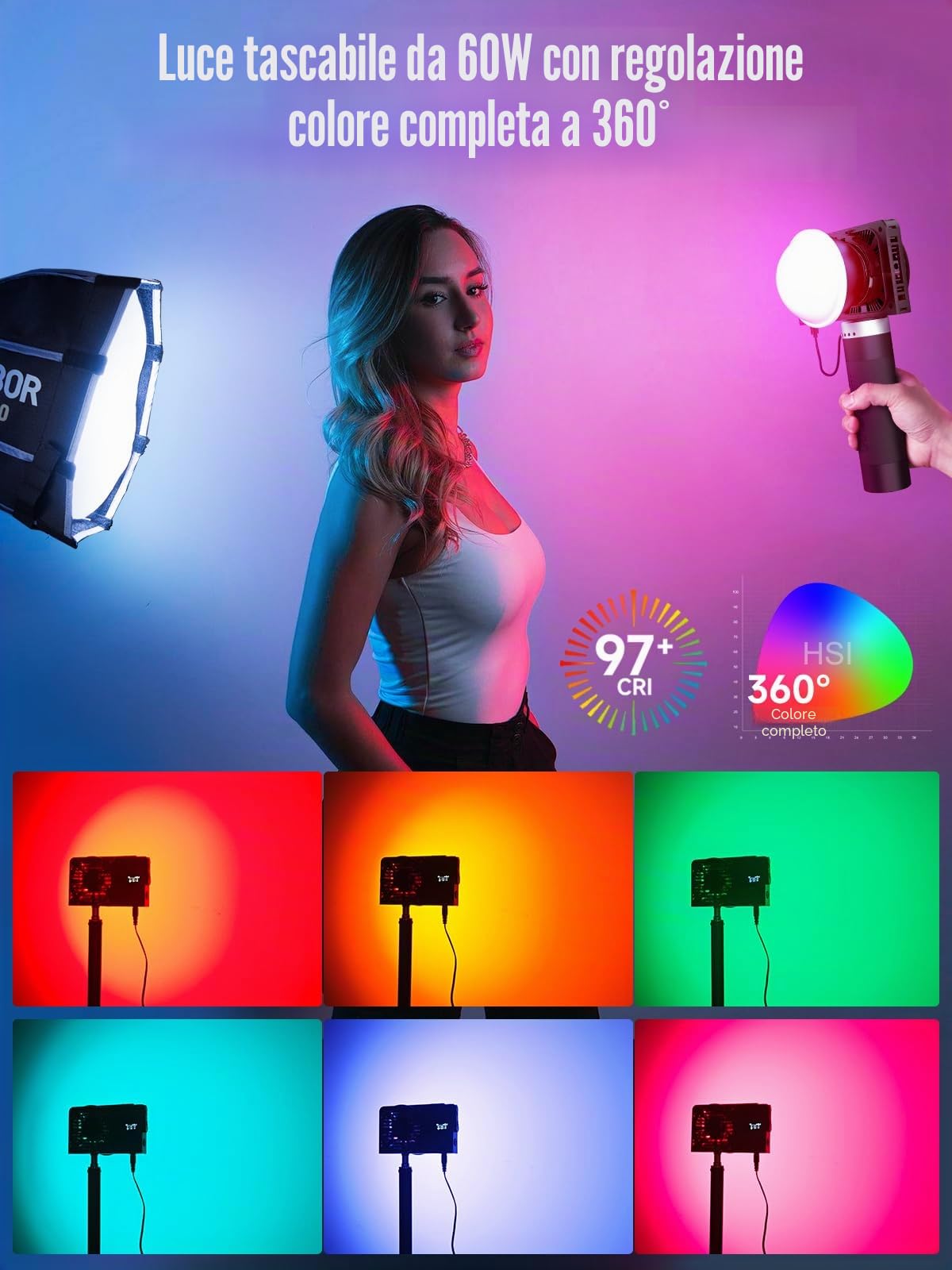 COLBOR Wonder W60R 60W RGB Luce Video Portatile 345g Illuminazione Continua Controllo APP con DC/Tipo C per Interni ed Esterni Filming Interviste Live Streaming, Luce-Video-Fotografia-LED-RGB