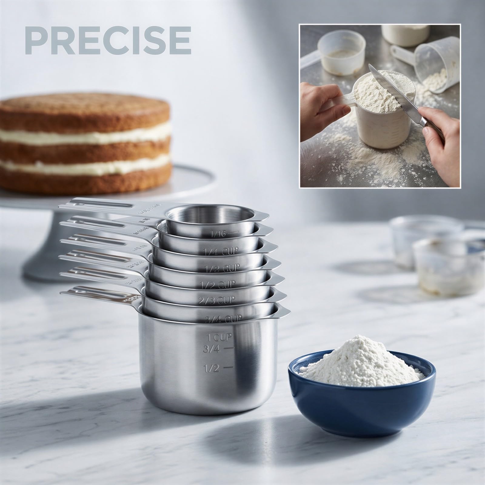 14-teiliges Messbecher- und Messlöffel-Set aus Edelstahl, 8,1 oz Becher und 0,5 oz Löffel, Nivellierer und Maßangaben für Küche und Backen, doppelt graviert für trockene und flüssige Zutaten