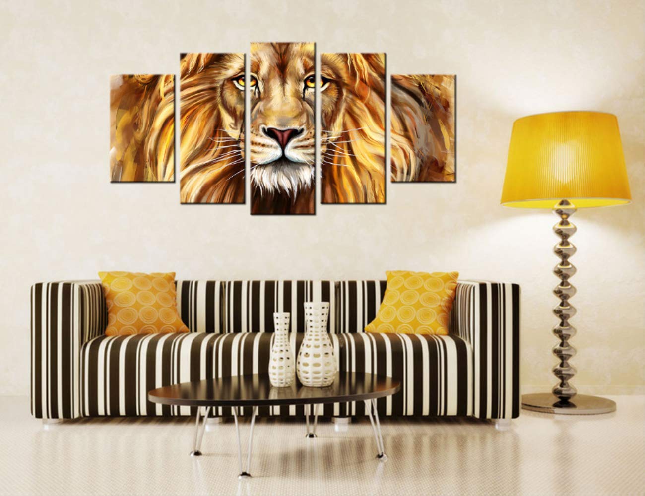 Lienzo de león artístico de alta calidad en 5 paneles para decoración de salón
