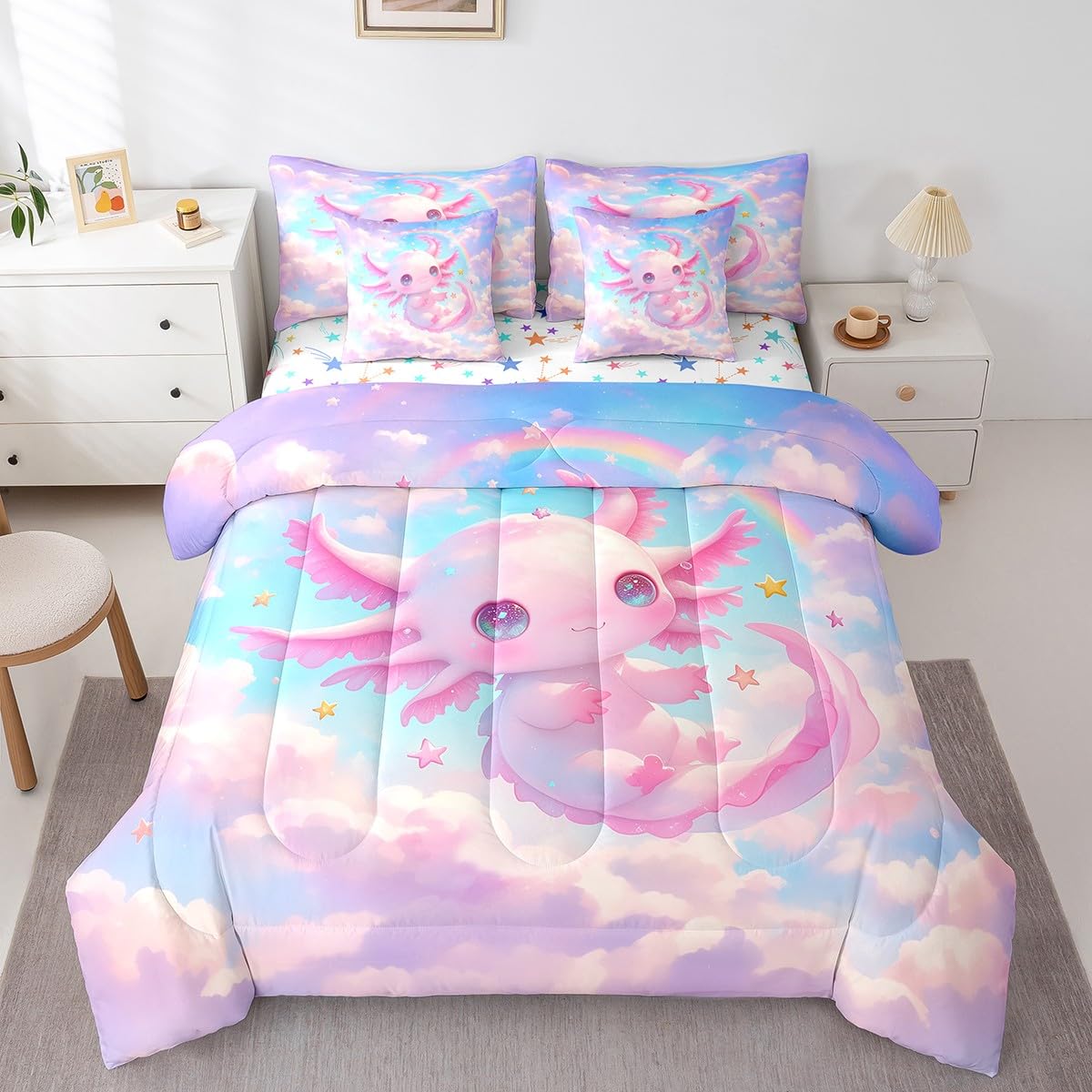 Feelyou Kids Cute Axolotl 7 Pieces Bedding Set Twin Size, Galaxy Cloud Bed in A Bag Boys Girls Cartoon Animal Comforter Set with Sheets Dreamy Rainbow Teens Bed Set Bedroom Decor 7Pcs