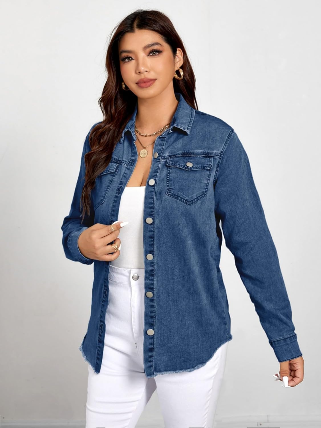 Women's Denim Button Down Shirt – Raw Hem, Distressed Holes, Long Sleeve Jean Top，Oversized Denim Shirt - Image 3