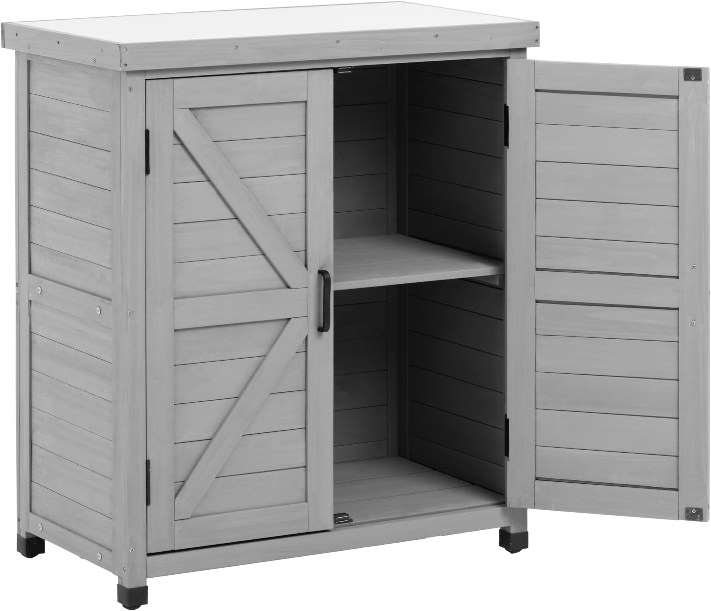 Wooden Potting Bench Table and Storage Cabinet with Metal Top for Outdoor/Indoor