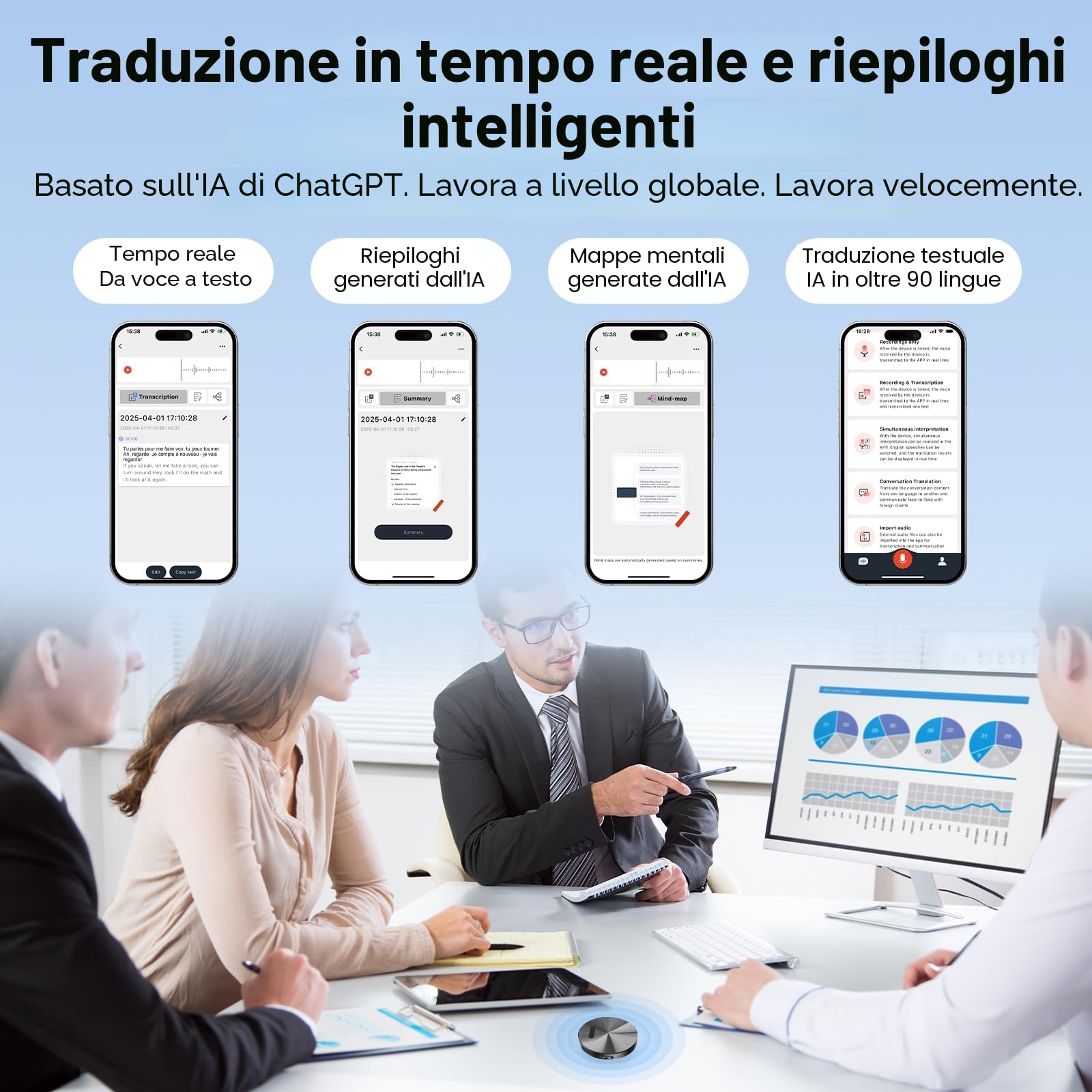 Registratore Vocale AI - Mini Registratori Vocali Digitali Professionale Magnetico con Trascrizione e Traduzione in Tempo Reale, App Controllata, Riduzione Rumore Compatibile con Android/iOS