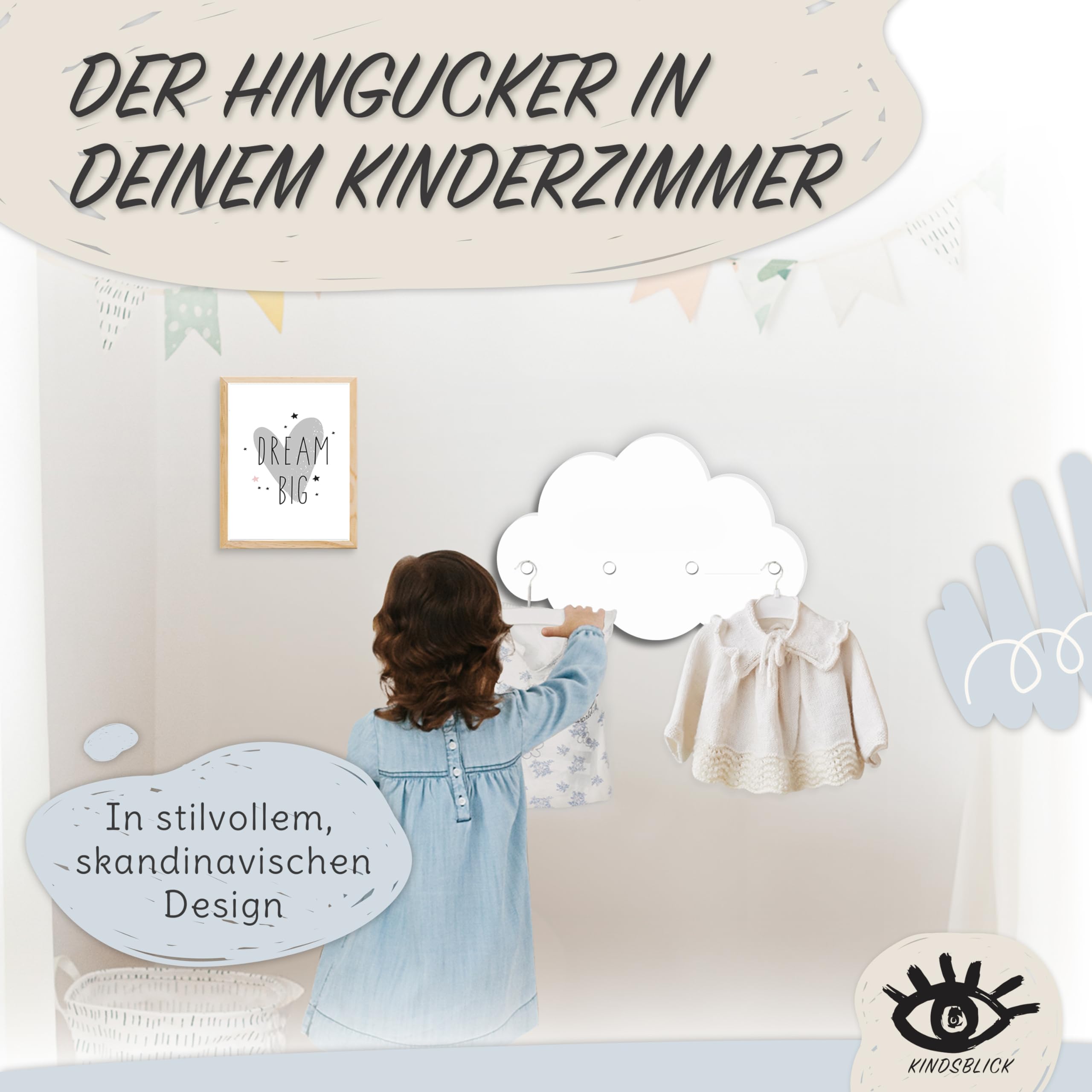 Wolkengarderobe in weiß - Garderobe mit 4 Kleiderhaken für Kinder - Wunderschöne Deko für jedes Kinderzimmer - Maße (38 x 25 x 1 cm)