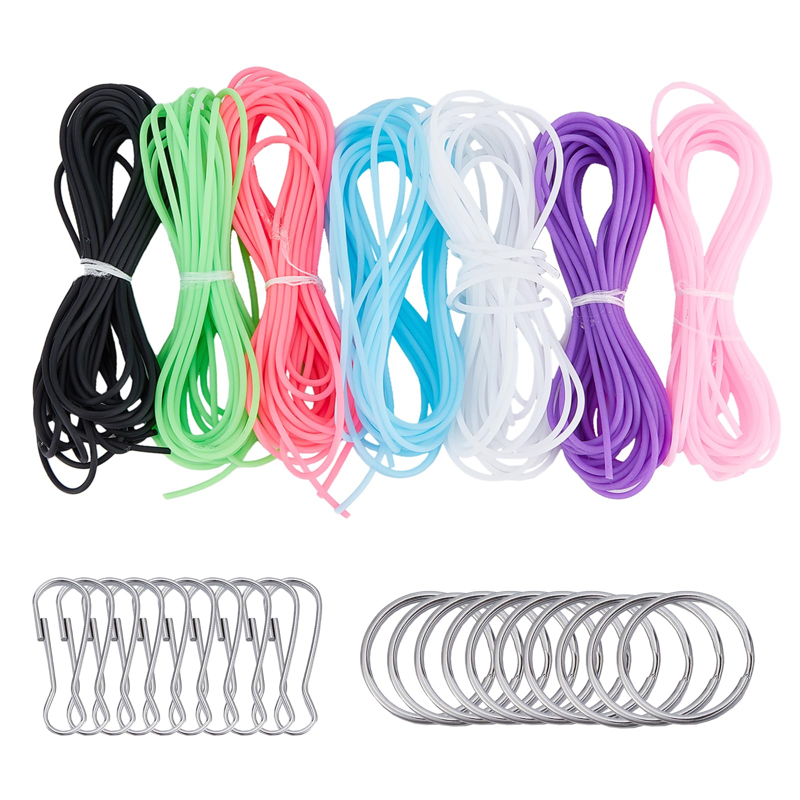 NICENEEDED Lanyard String Kit, 7 Colors Plastic String Lacing Cord Bright Glitter Color Lanyard String, Lacing Cord with Snap Clip Hooks and Rings for Keychain Crafts Bracelet