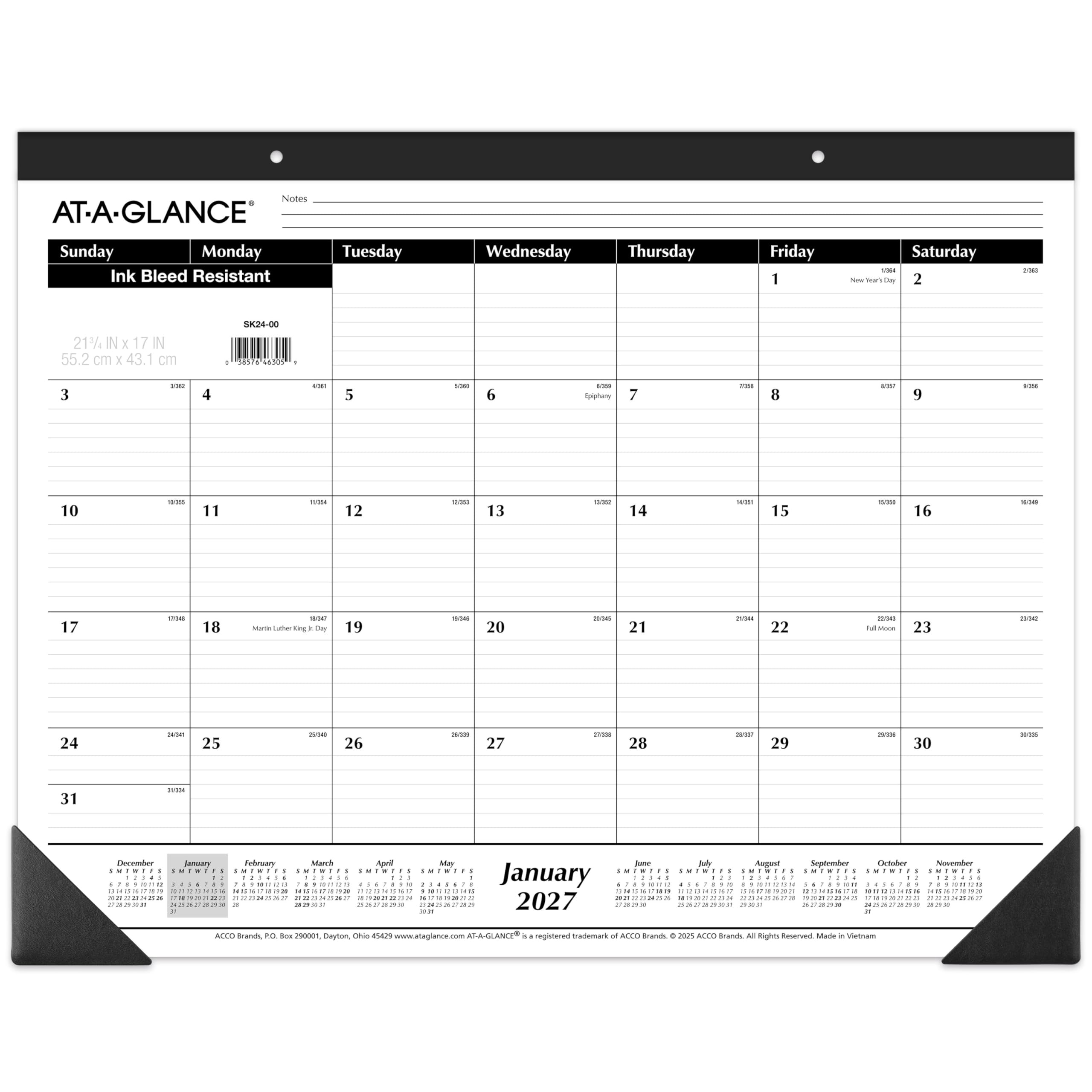 AT-A-GLANCE 2027 Desk Pad Calendar, Monthly Desk Wall Planner, 21.75" x 17", Ruled Blocks (SK240027), White