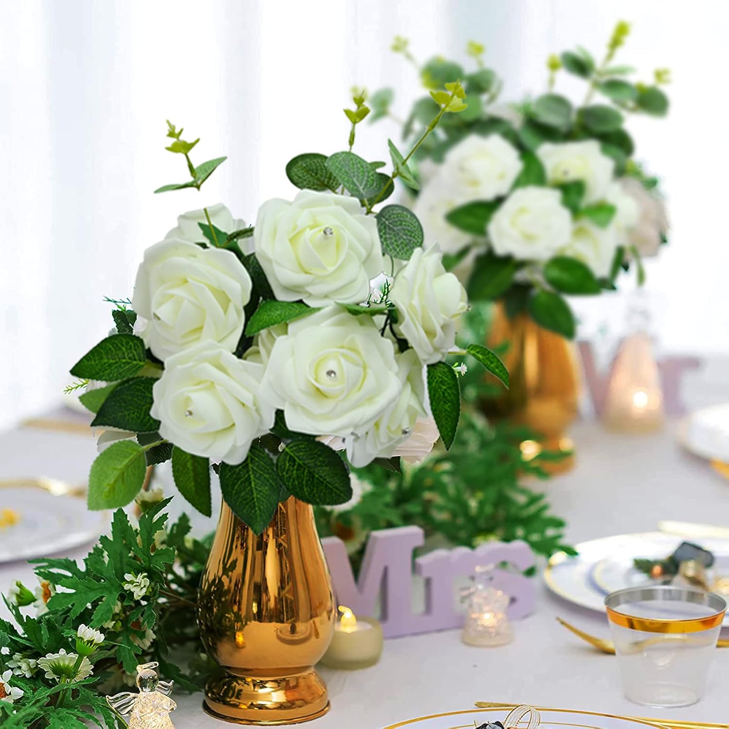 SWEETIME Fake Flowers for Decoration,50Pcs Foam Rose Bouquet Artificial Flowers in Box Green Leaves,Cream White Faux Rose Head Bundle,Floral Arrangements Bulk for DIY Wedding Centerpieces,Party Décor