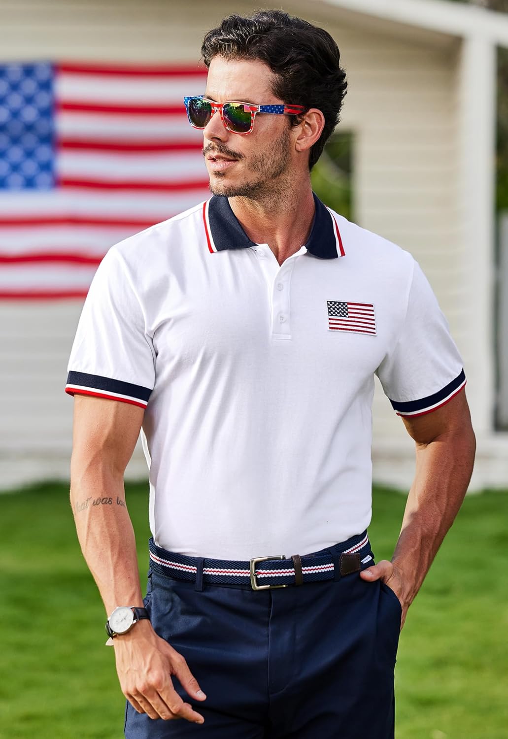 Arvilhill Men's 4th of July Polo Shirt American Flag Short Sleeve Golf Shirt