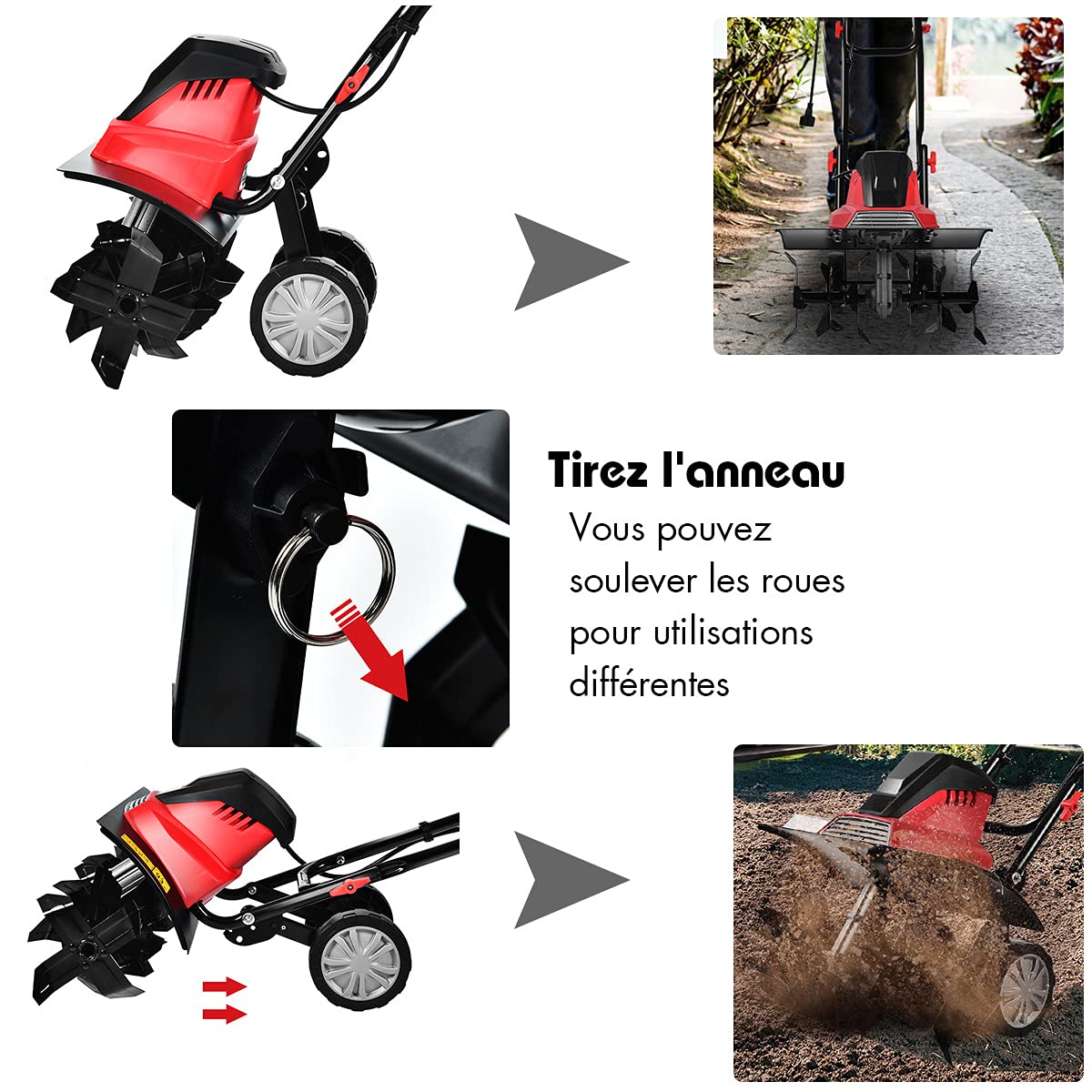 RELAX4LIFE Motobineuse Électrique 1500 W à 400 RPM, Motobineuse avec Profondeur Travail 22 CM, Largeur 43 CM et 6 Lames, Poignée Pliable et Bouton de Sécurité pour Jardin (1500W)
