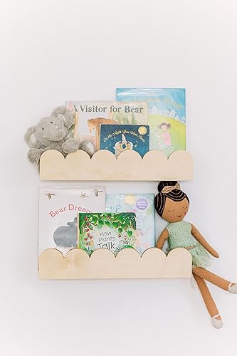 Estantes flotantes para libros de guardería con bordes festoneados, estantes colgantes Montessori de madera para habitaciones de niños, estantería