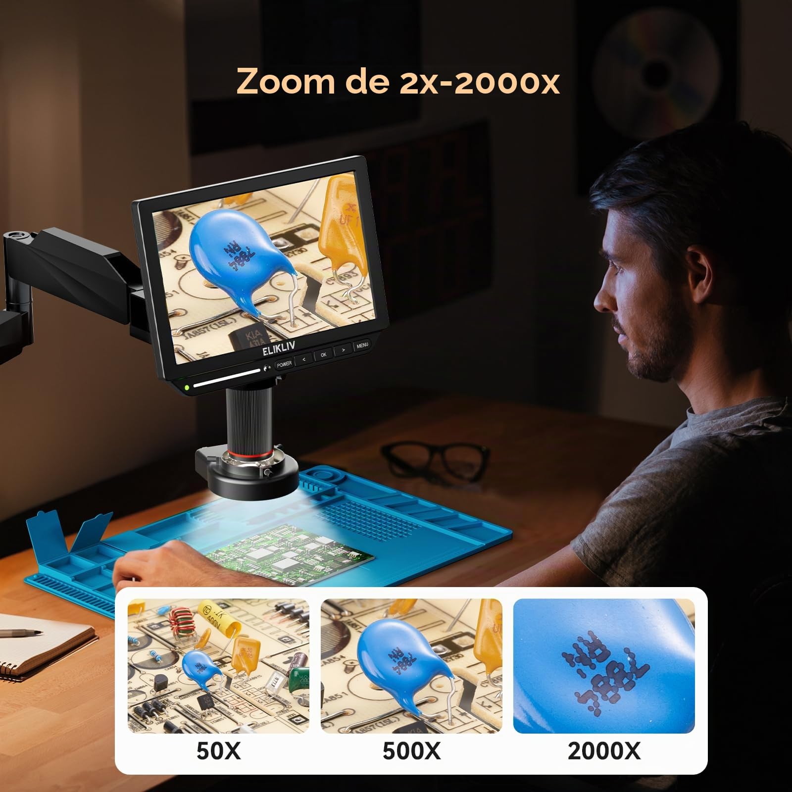 Elkliv EM4k Flexible 4k Microscopio Digital de Soldadura, Microscopio HDMI de 10,1 Pulgadas con Soporte，Microscopios de Moneda 52MP, Lámpara de Anillo, Almohadilla de Soldadura de Silicona