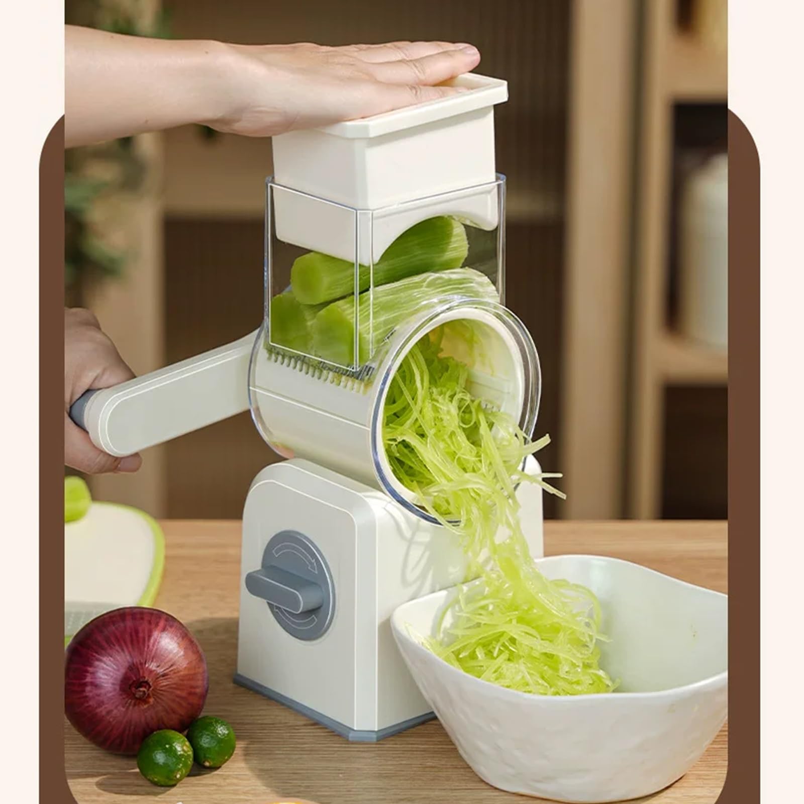Mandolina de Cocina, Cortador Patatas y Verduras Manual, 10 Cuchillas Intercambiables, Salida Rápida de Filamento, Fácil Limpiar, Compartimento Almacenamiento Oculto