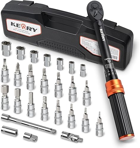 Kerry Juego de 27 llaves dinamométricas de bicicleta de 14 pulgadas, 20-240 LB.IN2.3-27.1 Nm, doble escala con enchufes de puntas de accesorios,