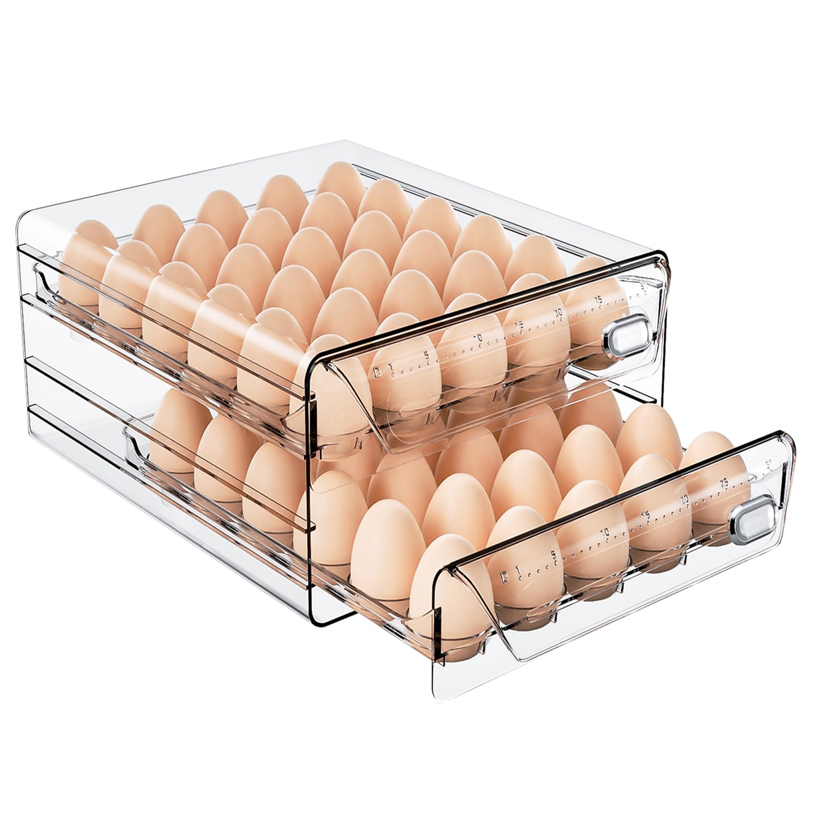 Soporte transparente para 60 huevos para refrigerador, contenedor de alta capacidad con escala de tiempo, dispensador organizador apilable para refrigerador con cajones (2 capas, 11.6 x 10.2