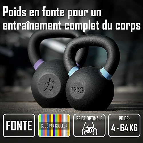 Strength Shop Kettlebell en fonte avec poignée ergonomique (4kg-64kg), résistante & durable, kettlebells avec marquage coloré & revêtement en poudre noire, idéale pour l'entraînement complet - 2