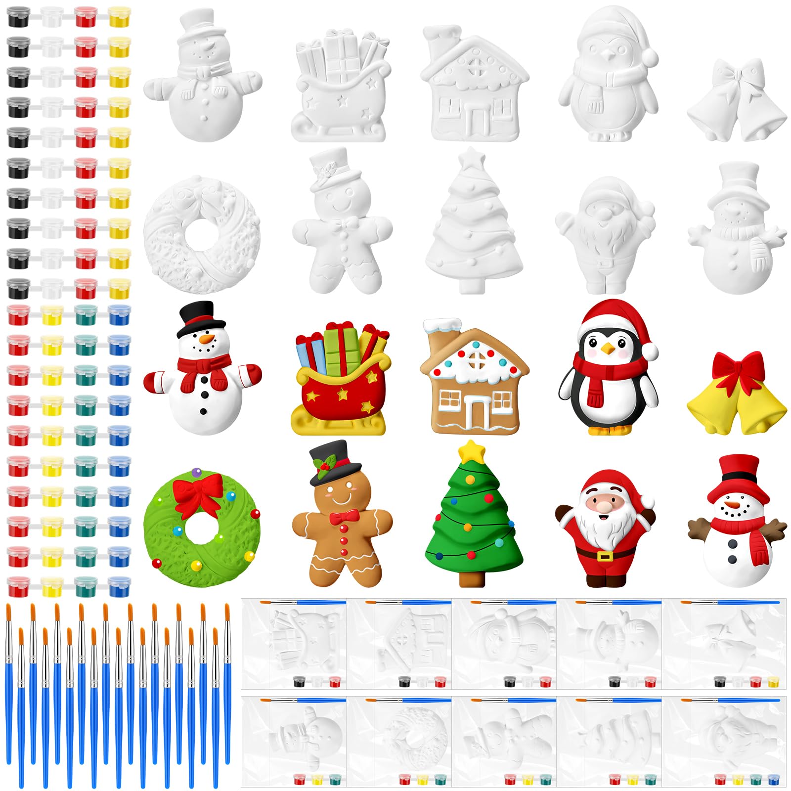 Simgoing 20 Set Christmas Ceramic Painting Kit DIY Ceramic to Paint Your Own Snowman Santa Xmas Tree Penguin Statues Ceramics Christmas Ornaments