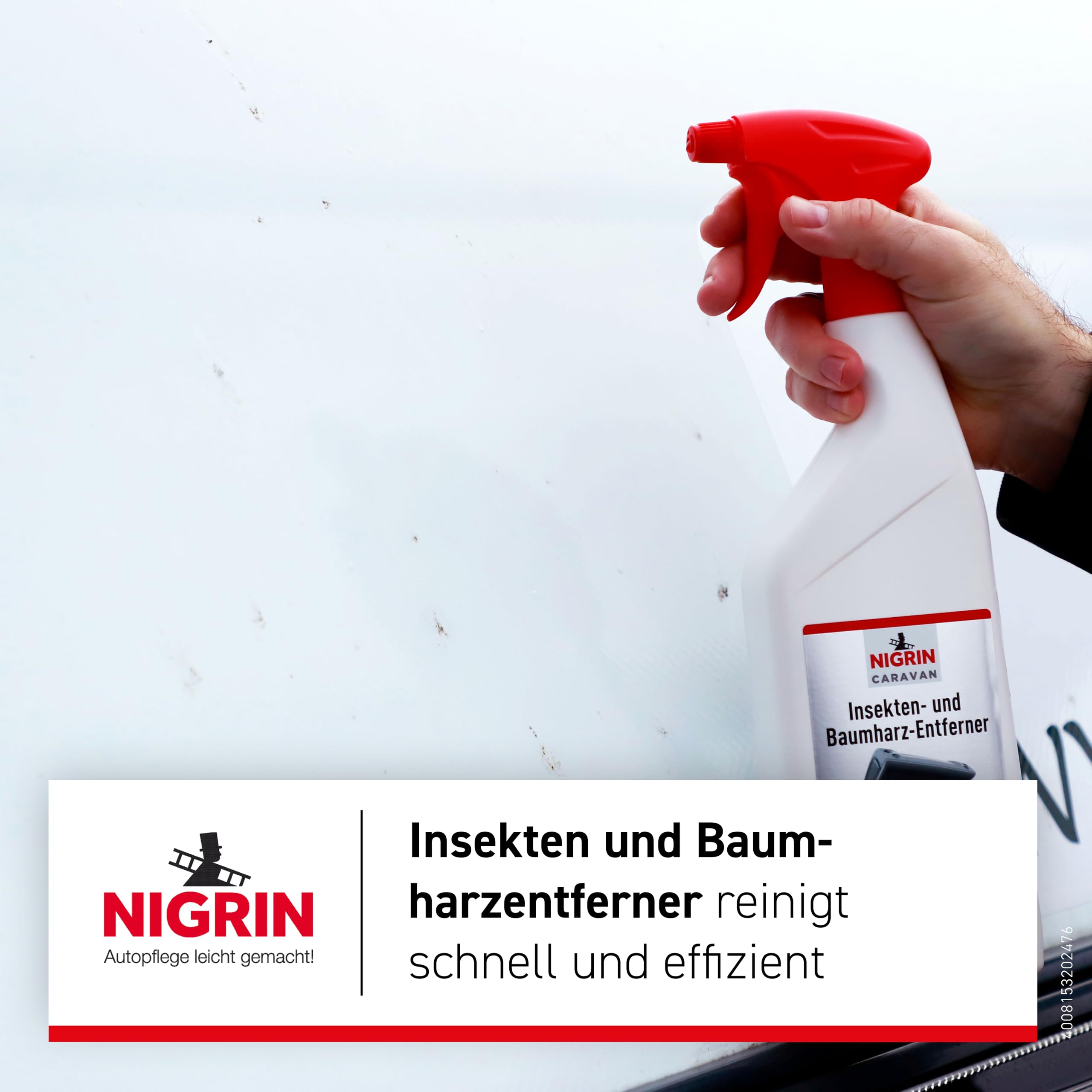 NIGRIN CARAVAN Removedor para insectos y resinas de árboles, limpia rápida y eficientemente, adecuado para todas las superficies pintadas, metal, vidrio y plástico, disuelve los residuos de insectos