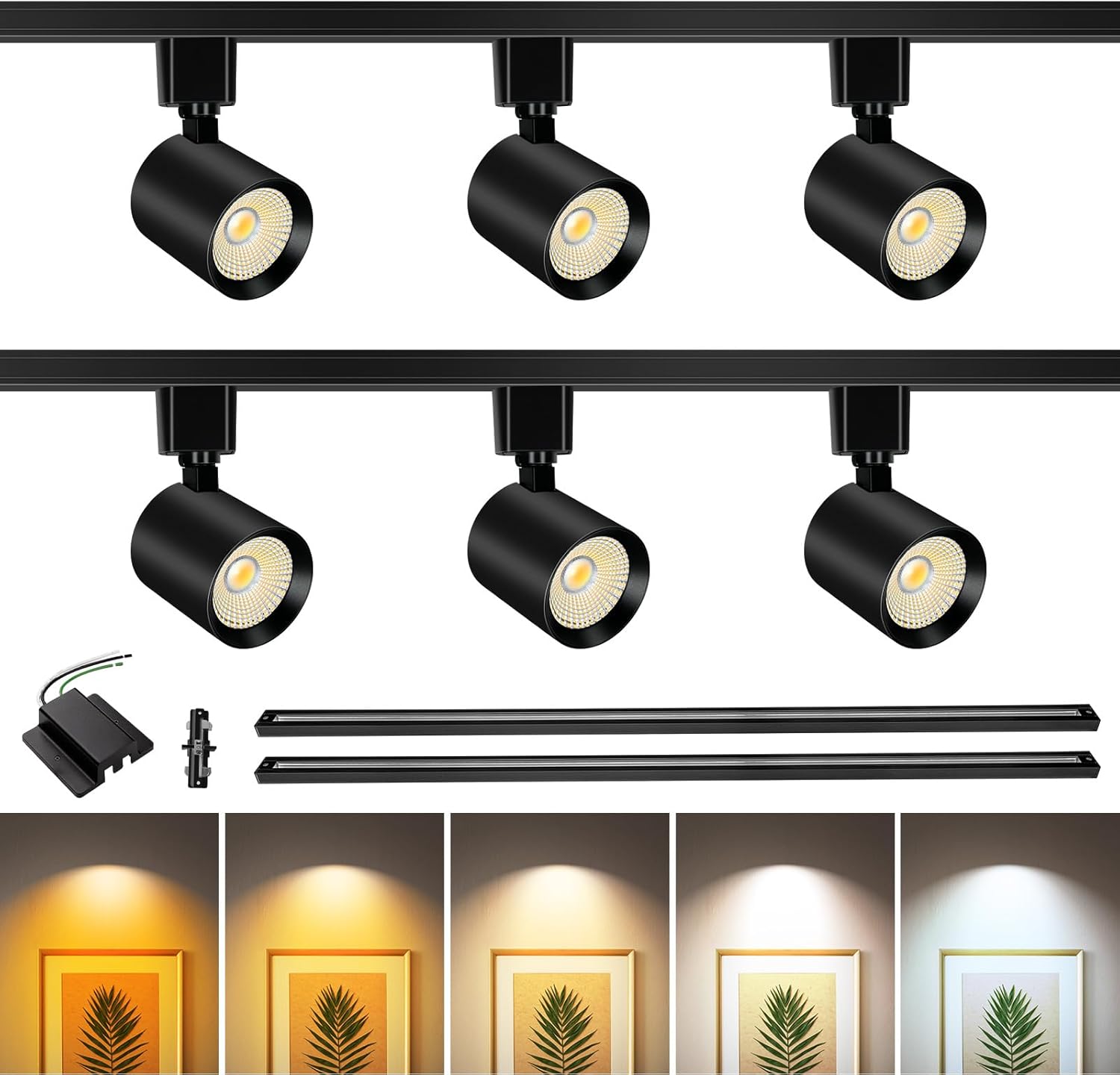 5-Color 6-Light LED Track Lighting Kit with 6.6FT H Type Track Lighting Rail, Dimmable Track Lights Ceiling Spot Light 2700K-5000K, CRI90+, 36° Beam 10W 800lm, Black