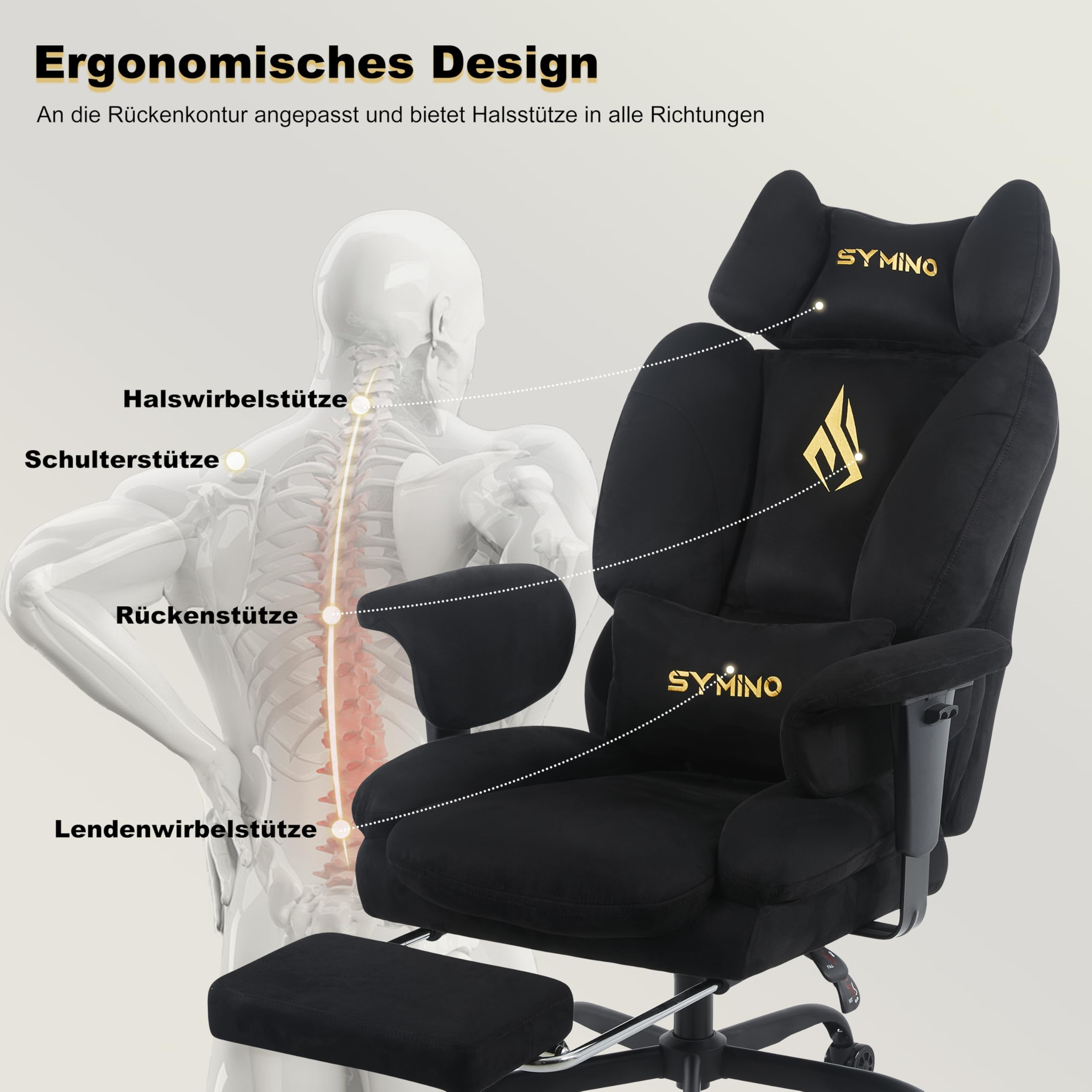 Symino Sofa-ähnliches Gaming Stuhl mit Umhüllendes Sitzerlebnis, Ergonomisch Chefsessel Bürostuhl, Wildlederimitat Schreibtischstuhl Höhenverstellbarer Office Chair Computerstuhl 130kg, Schwarz