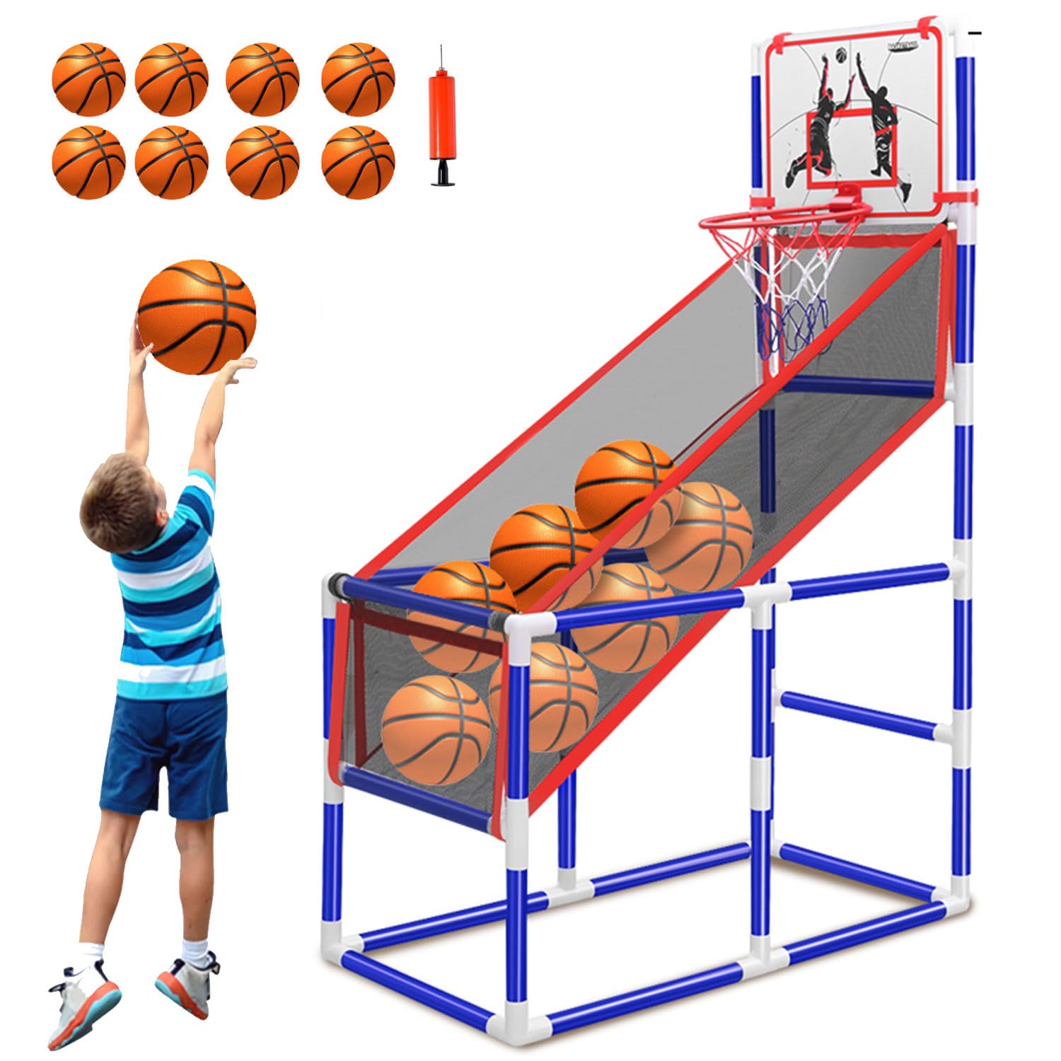 XaXaXa Arcade Basketball Game Set for Kids, Ajustable Height Toddler Basketball Hoop with 8 Balls Indoor and Outdoor Sports Toys Gifts for Boys Girls Aged 3-4 5-6 7-12 Years Old (Orange with 8 Balls)