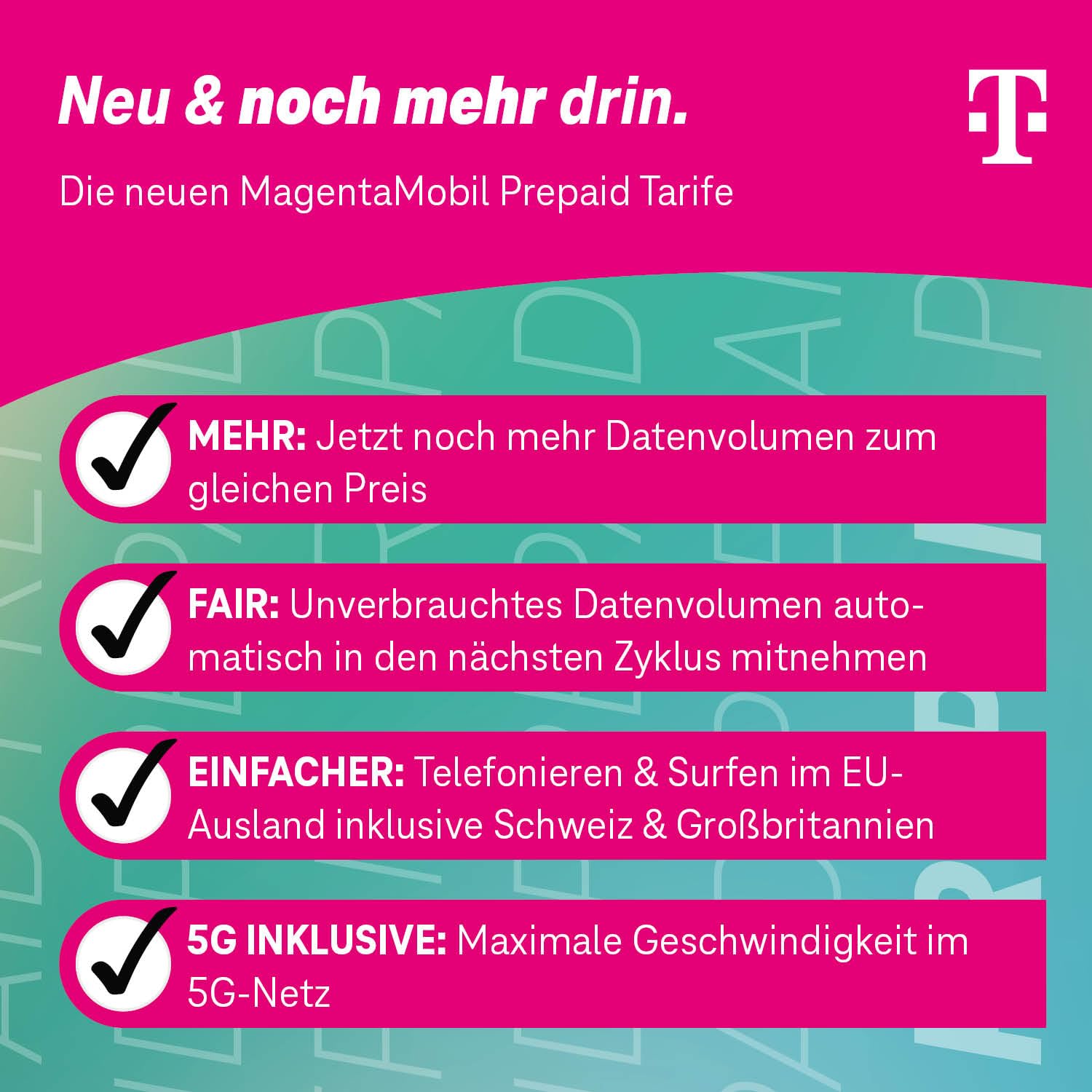 Telekom MagentaMobil Prepaid M z dużą prędkością 13 GB | 5G/LTE Max & Allnet Flat do wszystkich sieci niemieckich | dalsze wykorzystywanie niewykorzystanej ilości danych | EU Roaming & Hotspot Flat |